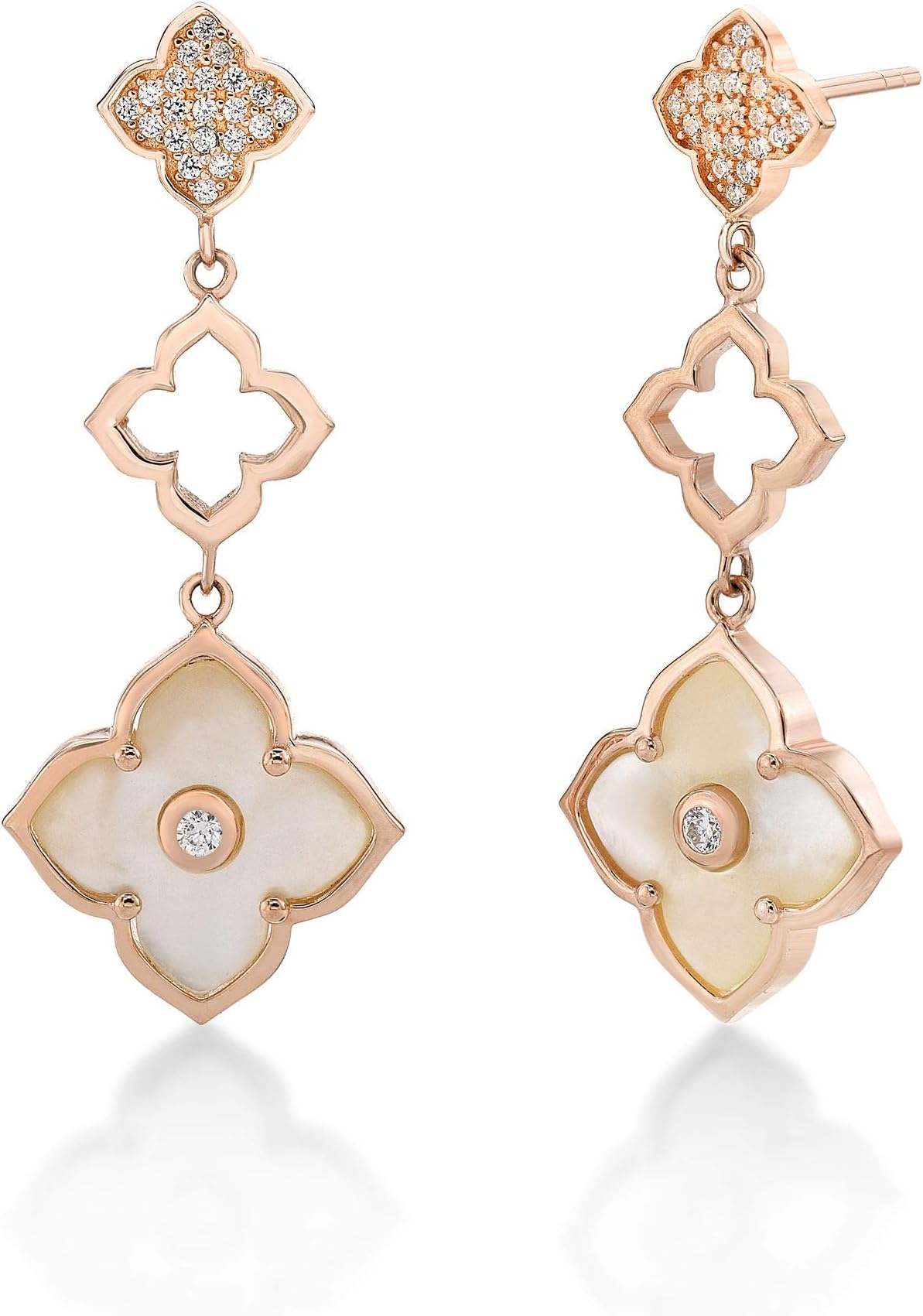 Lavari JewelersMother of Pearl, Onyx, Malachite, Lapis Lazuli and Cubic Zirconia Three Flower Drop Dangle Earrings for Women I Gold Plated 925 Sterling Silver Earrings for Her I Push Back by Lavari Jewelers