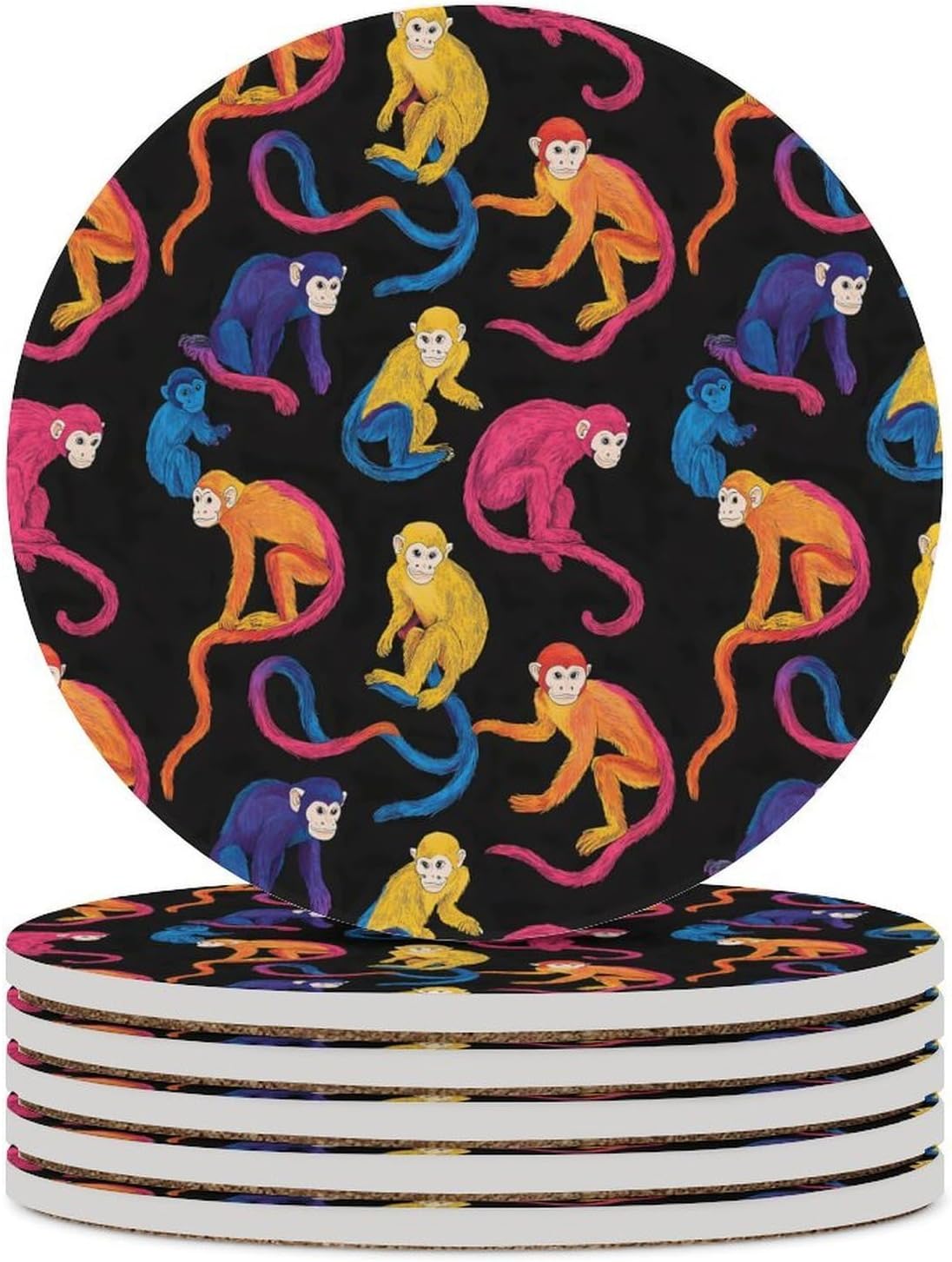 Colorful Capuchin Monkeys Round Ceramic Coasters Print Drinks Absorbent with Cork Base for Home Decor Gifts 4 Inch