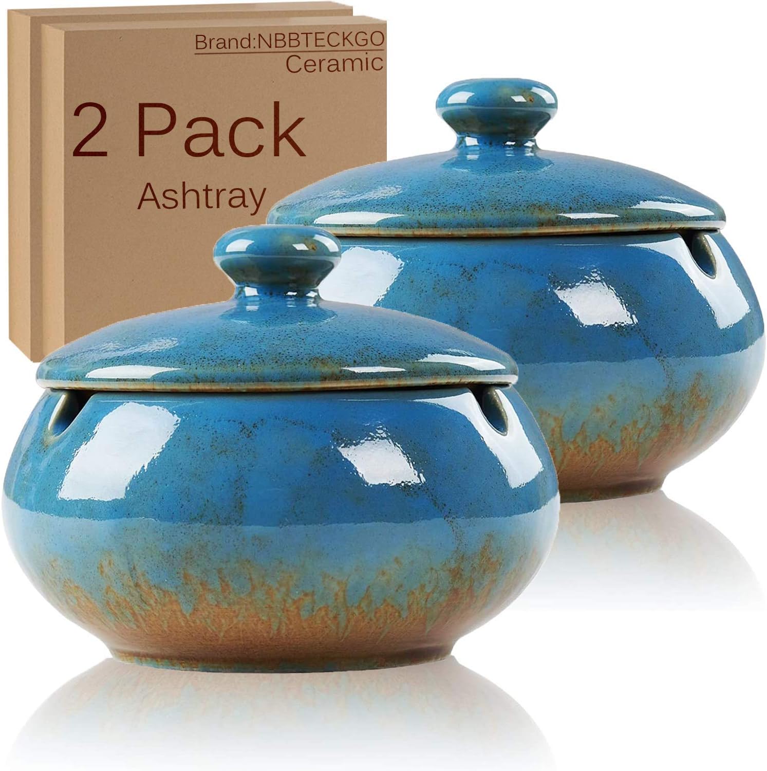 2 Pack Cigarettes Ashtrays with Lid Windproof for Indoor Outdoor, Ceramic Ashtray Built in 3 Cigar Holders,Smoking Ash Tray Decor Home, Desktop, Office,Table, Patio, Bar, KTV, Father/Men/Smokers Gifts