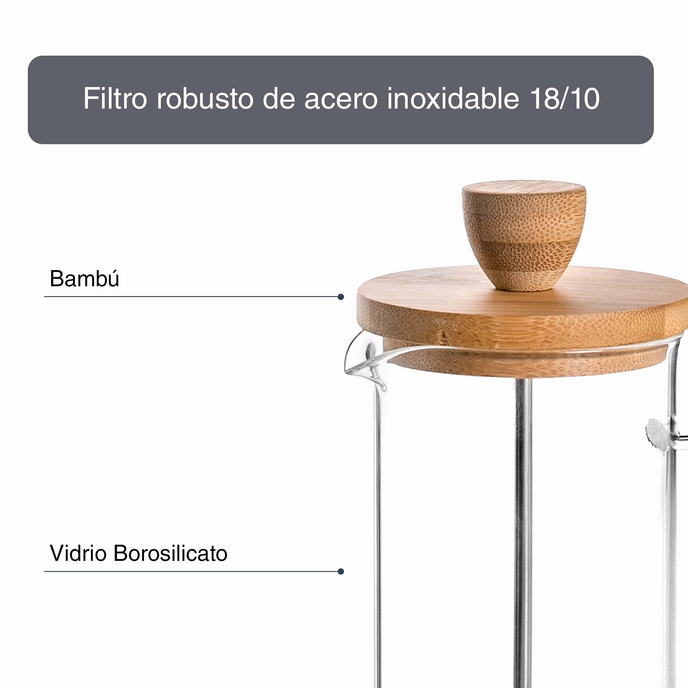 Lacor - Cafetière française, presse café, Cafetière presse avec mbole, Carafe française pour Café Filtre, 3 tasses, 0,35 L, acier et bois, 62163