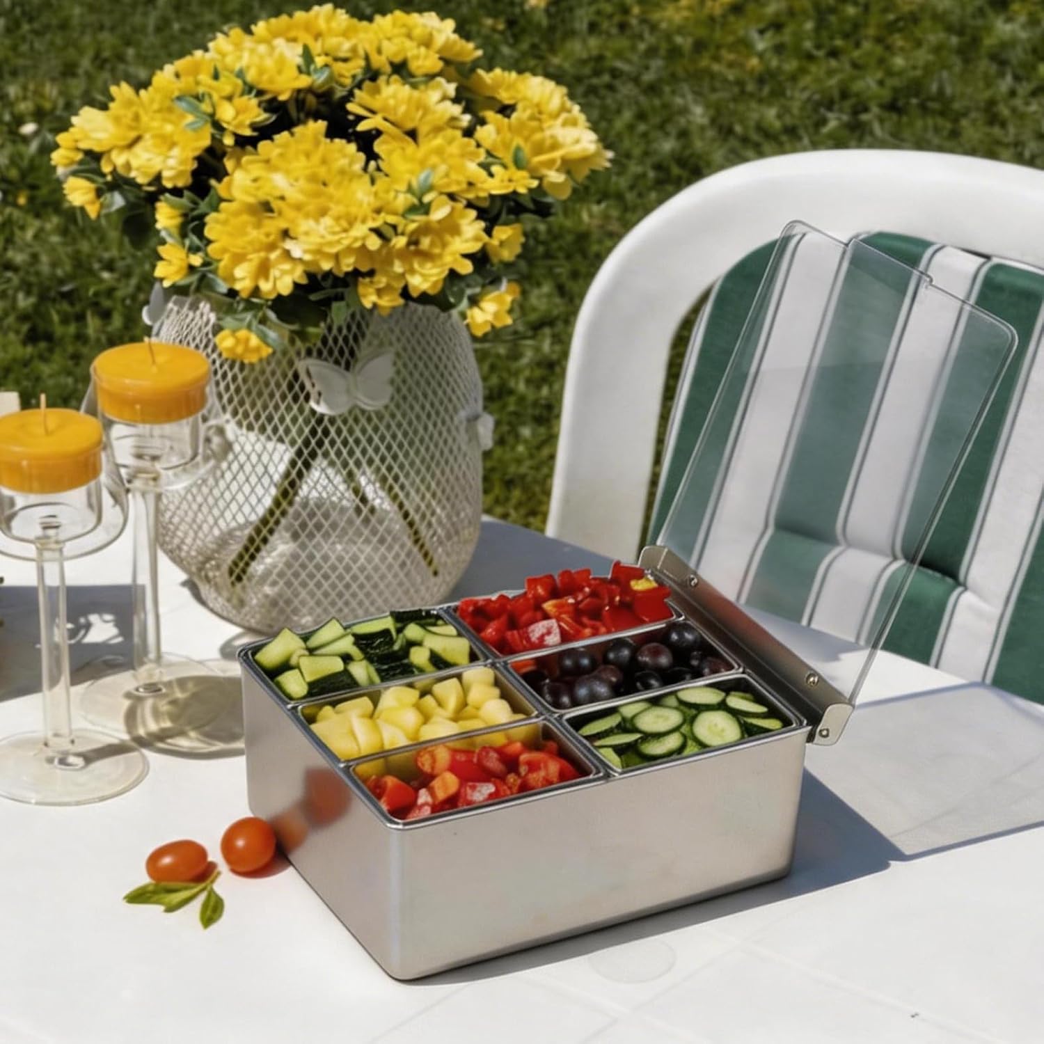 MOLIGOU Stainless Steel Chilled Condiment Server with 6 Compartments | Lid Included, Ice Cooling Design, Removable Compartments, Fruit Serving Containers