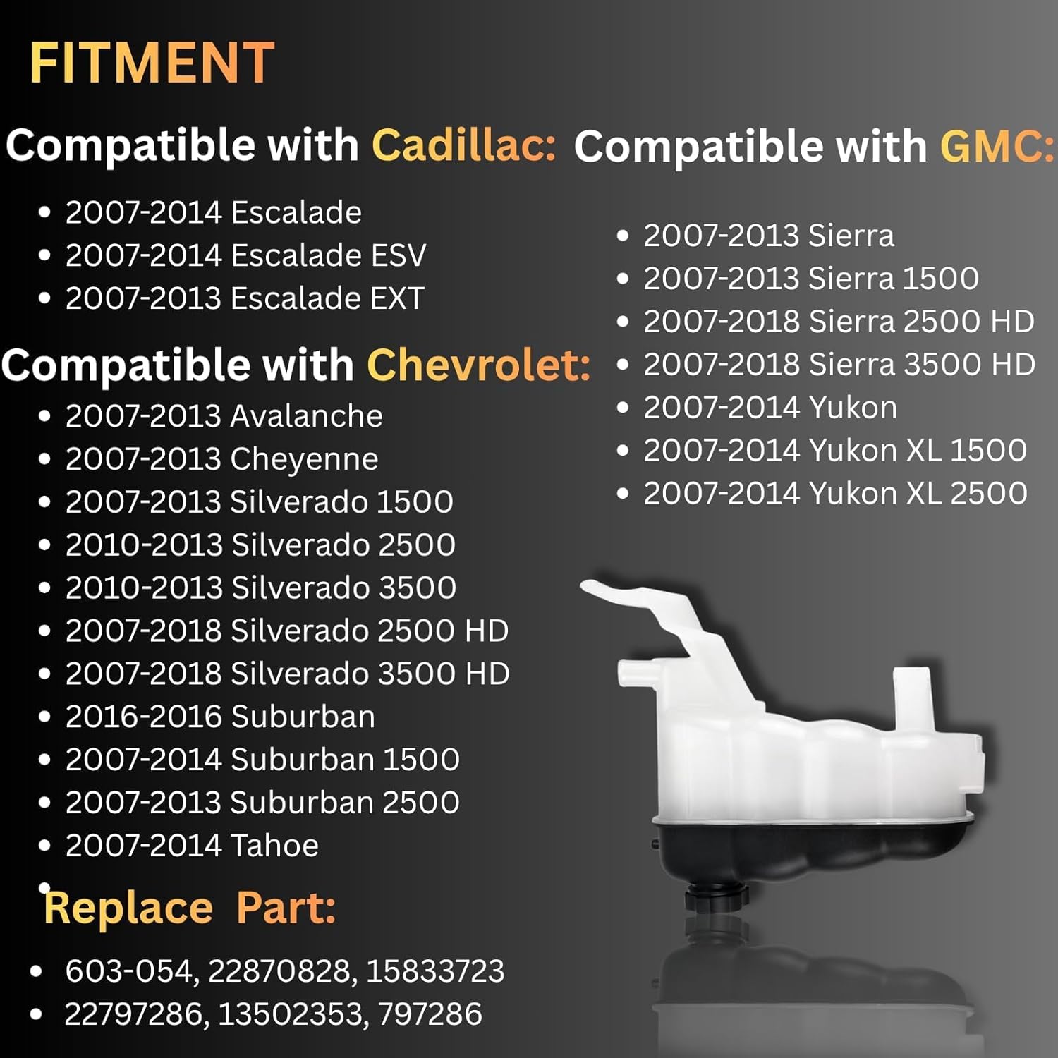 22870828 Engine Coolant Reservoir Tank with Cap Fit for Silverado 1500 Sierra 1500 Suburban Tahoe Yukon Escalade 2007 2008 2009 2010 1011 2012 2013 Coolant Overflow Tank Replace 603-054