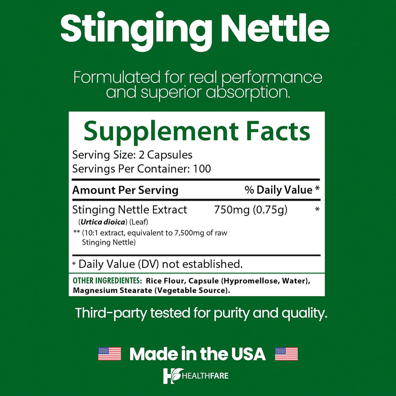 Healthfare Stinging Nettle Root Extract 7500mg | 200 Vegan Capsules | Extra Strength Herbal Supplement | Supports Prostate, Urinary & Hair Health | Non-GMO, Gluten-Free | Made in USA - Image 3