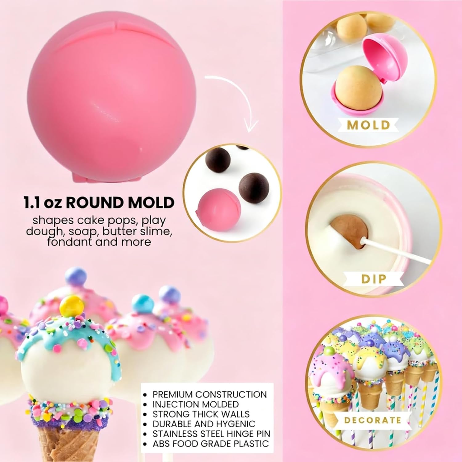 24Pcs Cake Pop Molds - 4Pcs Cupcake Round Disc Shapes Press Set and 20x Sticks, Cake Pop Cutter and Pusher, Cakepop Molds Shapes for Home Baking, Birthday Parties, Wedding Desserts (Pink)