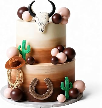 RoundFunny 26 Pcs Cowboy Cake Decorations Cowboy Hat Cake Topper Western Hat Bulls Head Topper Decoration for Western Cowgirl Birthday Baby Shower Party Supplies Brown, Retro