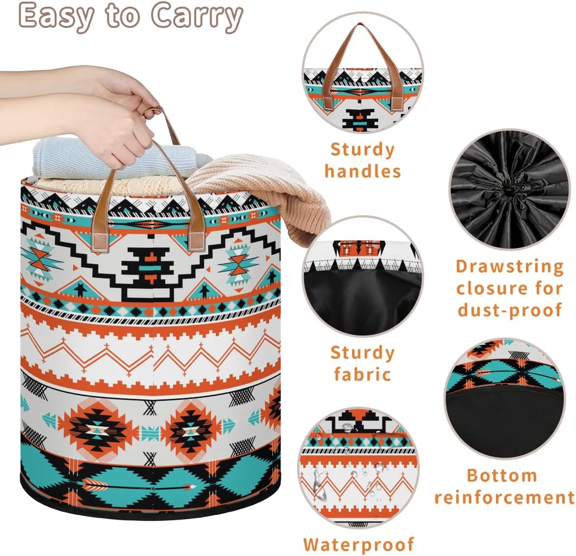 Large Laundry Hamper Basket with Lid, Aztec Western Round Collapsible Storage Organizer Bin for Kids Room, Boys, Nursery, Closet, Bedroom, Playroom, Toys, Dirty Clothes, 16"W x 20"H