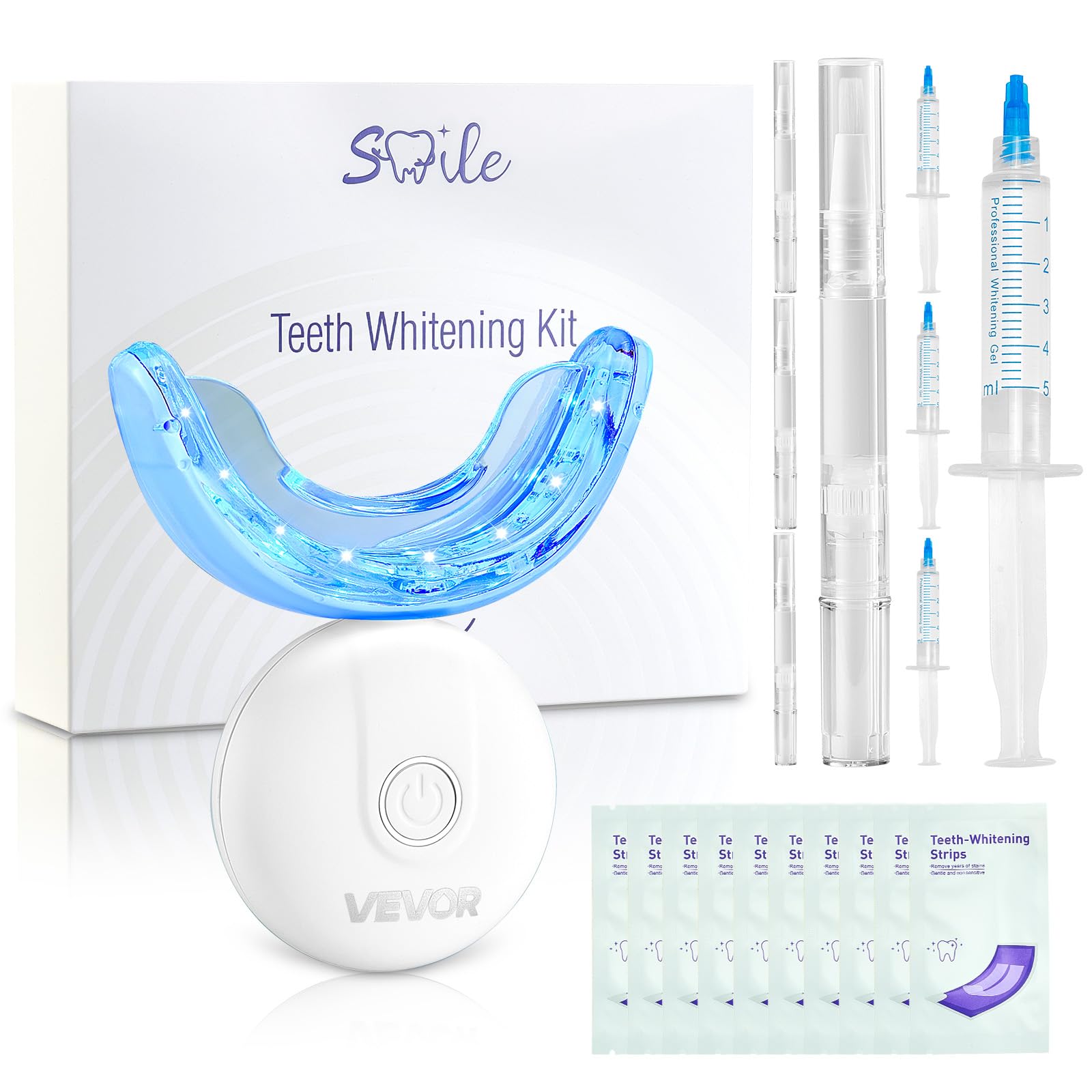 VEVOR Kit Sbiancante per Denti con Luce LED, 32 Luci Acceleratrici a LED, Siringa per Gel Sbiancante, Vassoio a U, Penne e Siringhe di Gel, Kit Portatile Wireless che Rimuove le Macchie Ostinate