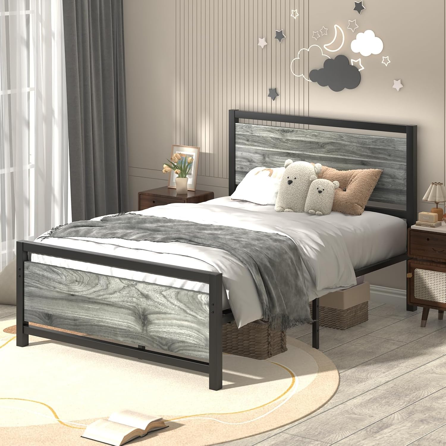 Queen Bed Frame with Headboard, Industrial Style Bed Frame Queen Size, Queen Size Bed Frame with Wooden Footboard, No Box Spring Needed, Noise-Free, Easy Assembly, Wash Grey