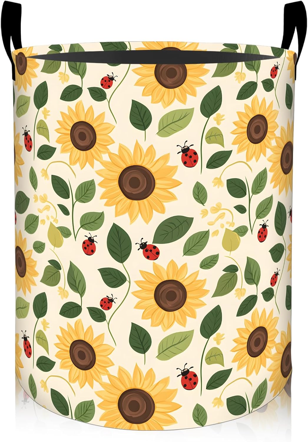 Sunflower Ladybug Laundry Basket, Cheerful Botanical Collapsible Oxford Cloth Clothes Hamper 19.7"x15.7", Fresh Garden Leaves Waterproof Storage Bin for Bedroom Bathroom Closet Decor Gifts