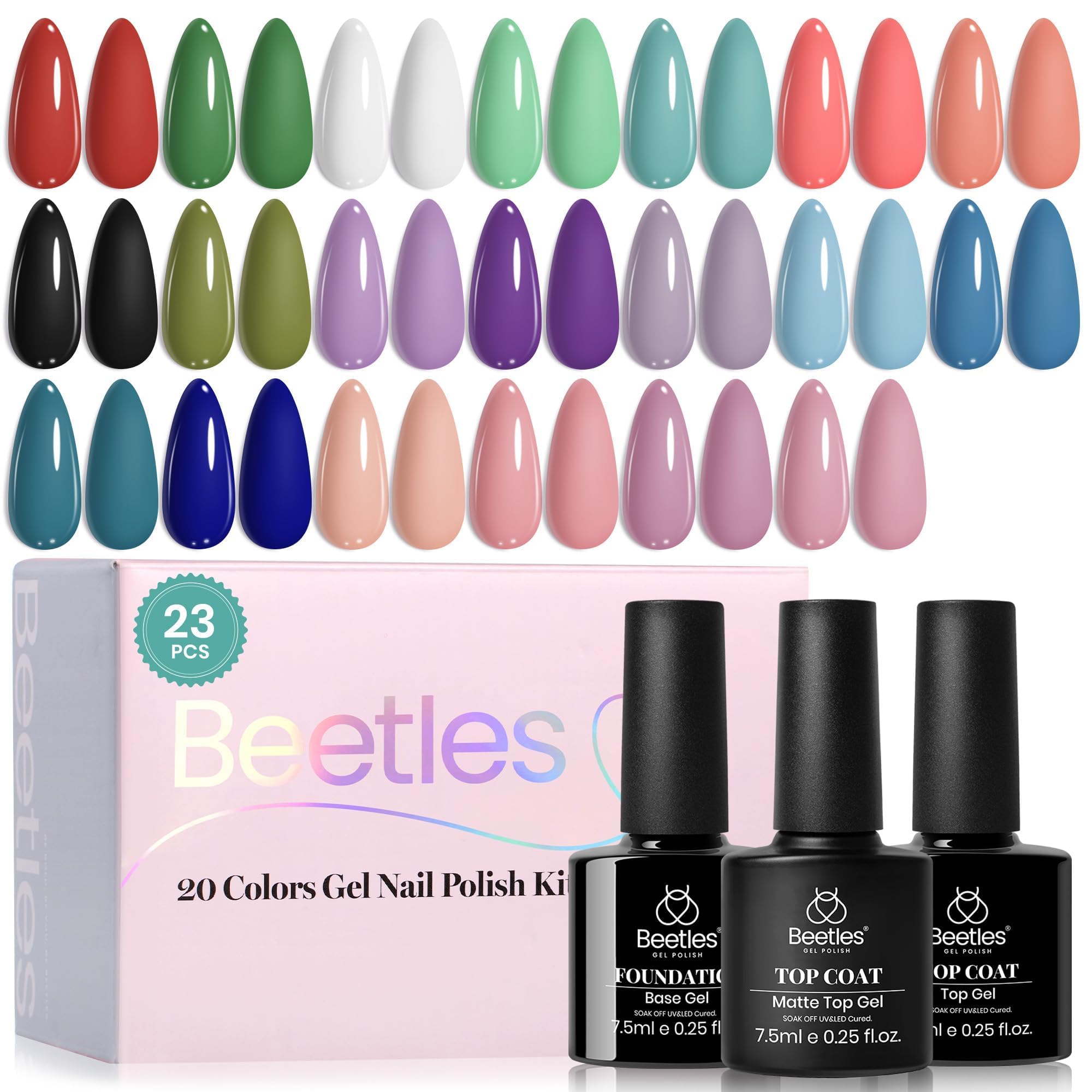 Beetles Gel Nail Polish Set - 23pcs Gel Polish Set Spring Colors, 20 Colors Pink Green Blue Uv Gel Polish with Base Top Coat, All Season Manicure Tools for Beginners Nail Art Home