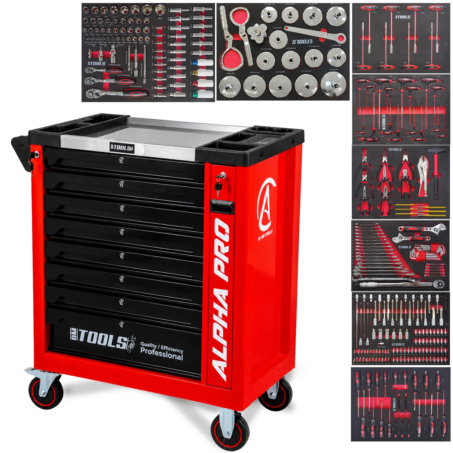 BM TOOLS Servante d'Atelier Garage Automobile Alpha-Pro - 9 Tiroirs - 311 Outils, 4 Roues, 2 Freins, Chariot Mecanicien - Rouge