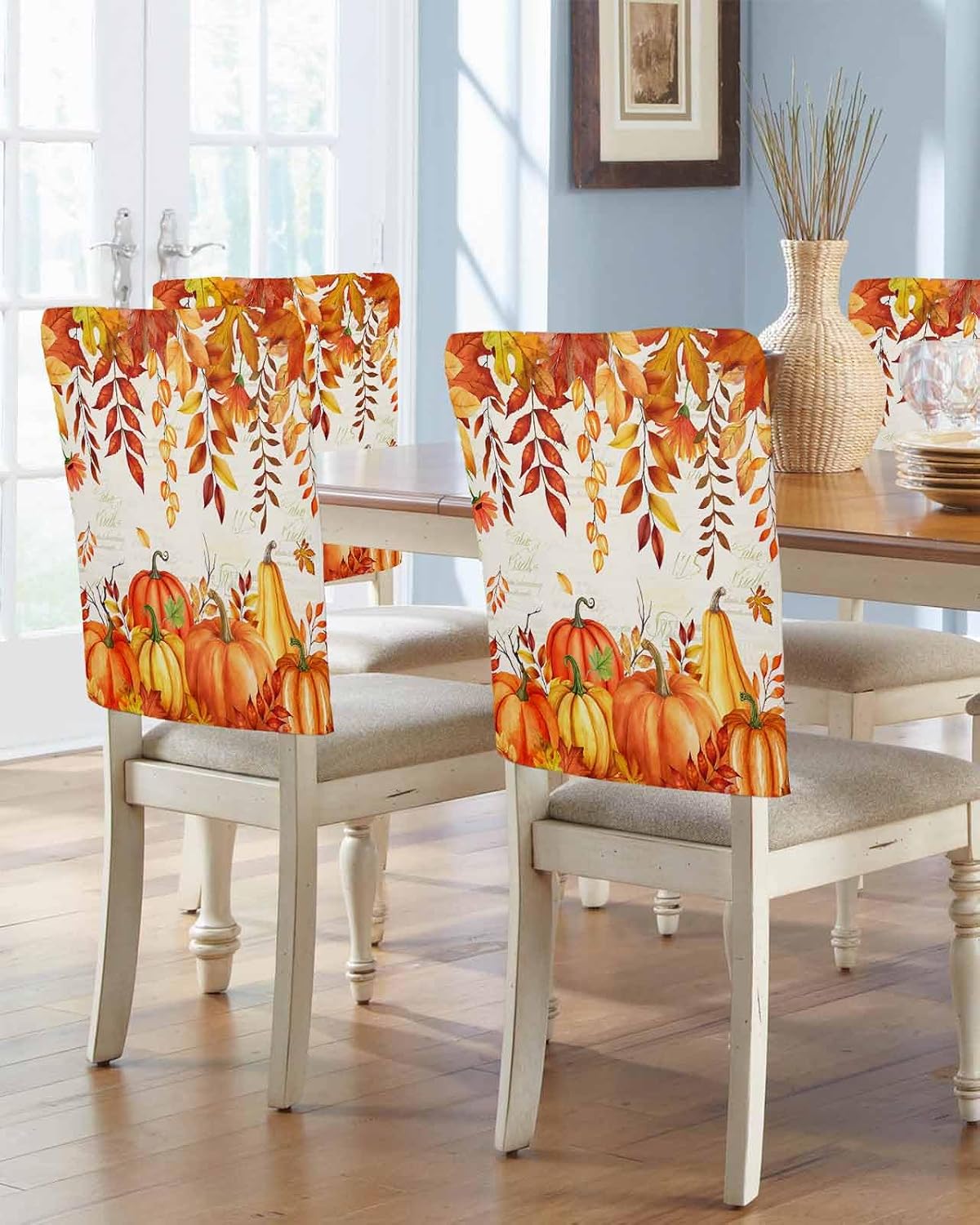 Orange Pumpkins Fall Chair Covers Set of 8 for Dining Room, Thanksgiving Maple Leaves Chair Back Cover, Botanical Falling Removable Kitchen Chairs Slipcovers Seat Protector for Party Banquet