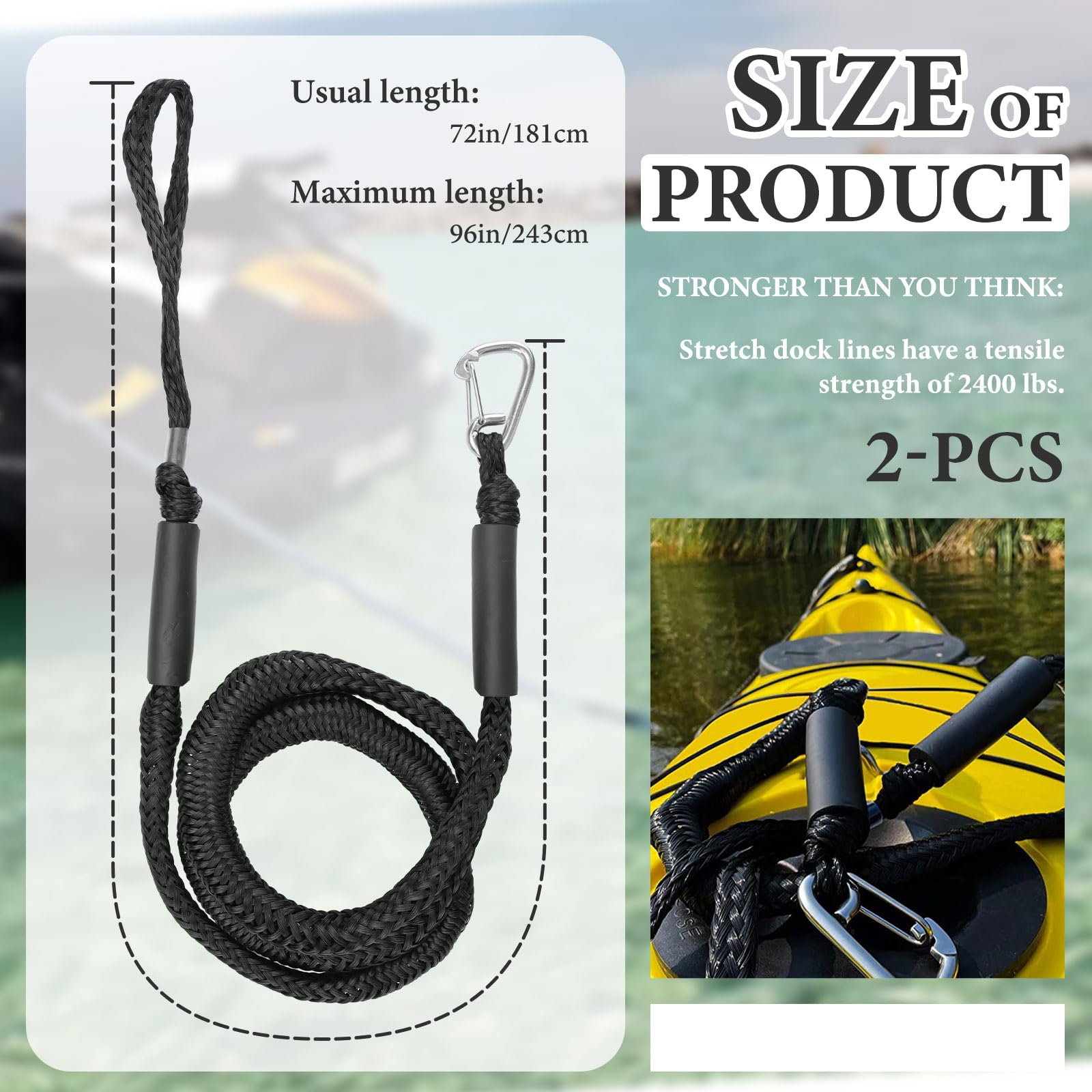 2 cavi di ancoraggio elastici per barche da 1,2 m, con clip e anello in acciaio inossidabile, corda di ancoraggio elastica regolabile, corda di ormeggio resistente per PWC, kayak, jet ski