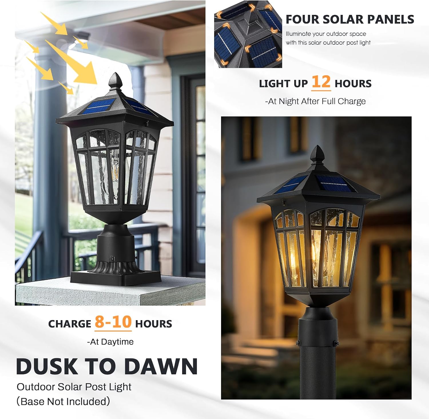 zeyu 16 Inch Solar Exterior Post Lamp Light, Dusk to Dawn Outdoor Lamp Post Light with Remote, Die-Cast Aluminum with Seeded Glass Shade, Black Finish, ZYX113P SL BK