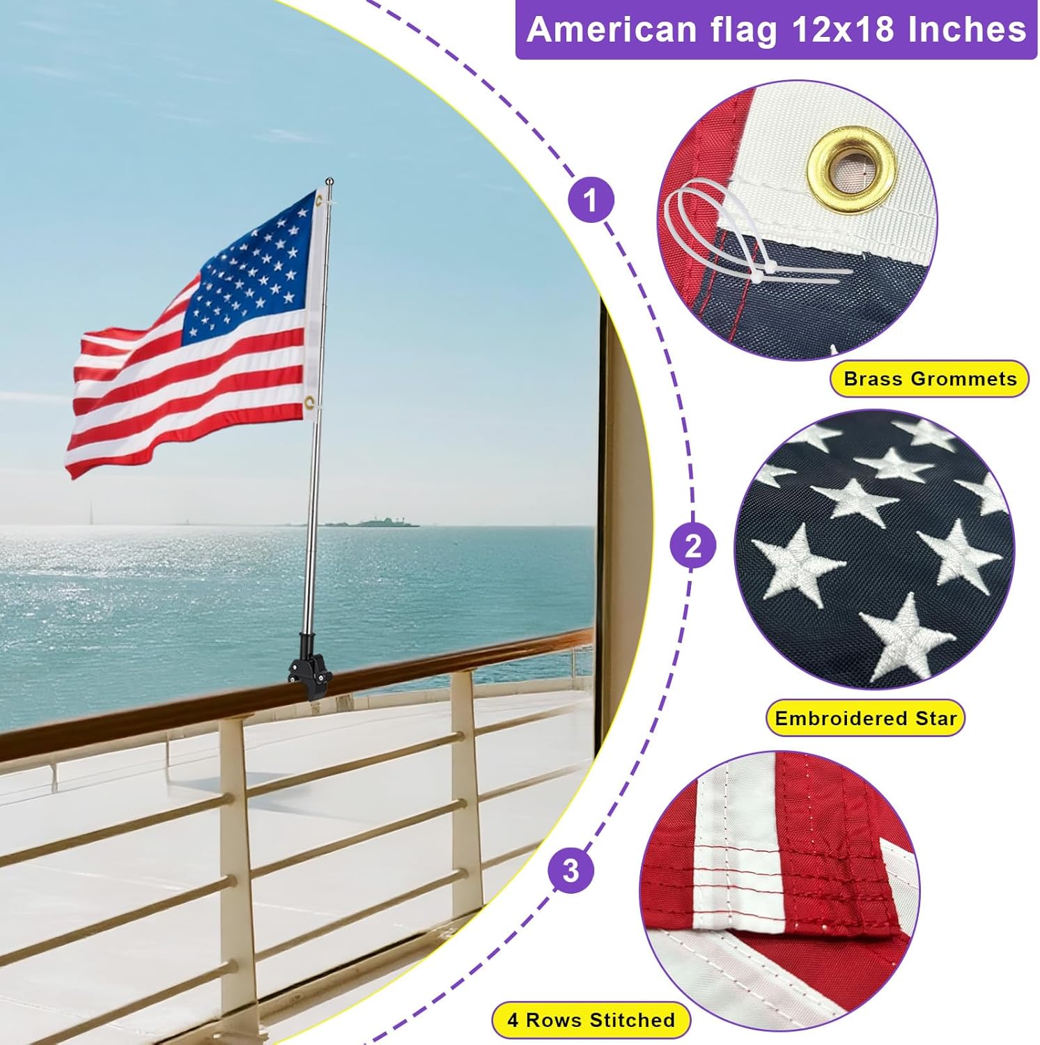 American Boat Flag Pole Kit, Embroidered Small USA Flag with 53" Telescoping Stainless Steel Flagpole, Heavy Duty Retractable Marine Flag Pole for Yacht, Truck, Bike - Image 2