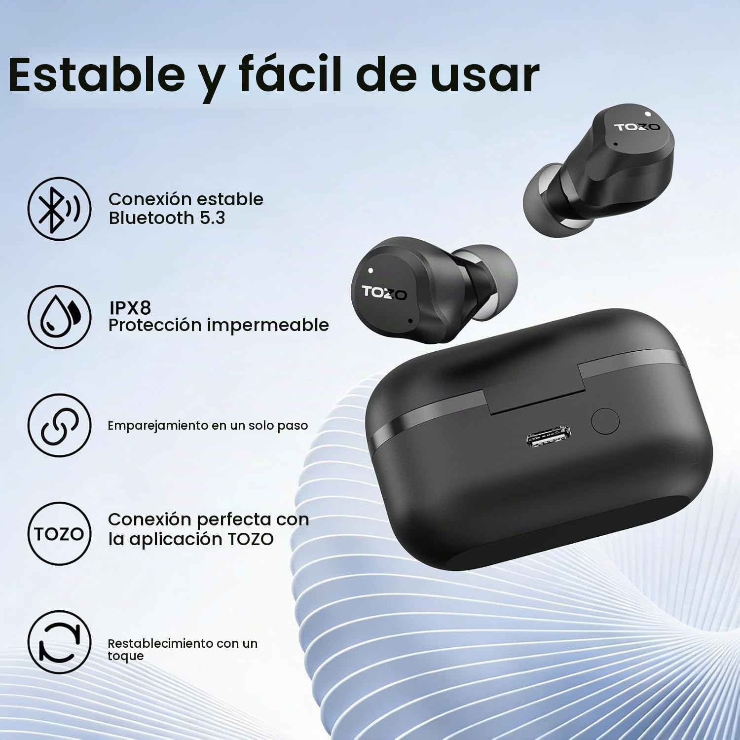 TOZO NC9 Auriculares Inalambricos Bluetooth 5.3,45dB ANC Híbrido Adaptativo | 60H batería pantalla, OrigX 2.0 Inmersivo, 32 EQs, 6 Mics ENC, Modo Transparente, IPX8, ajuste cómodo para oficina y deporte