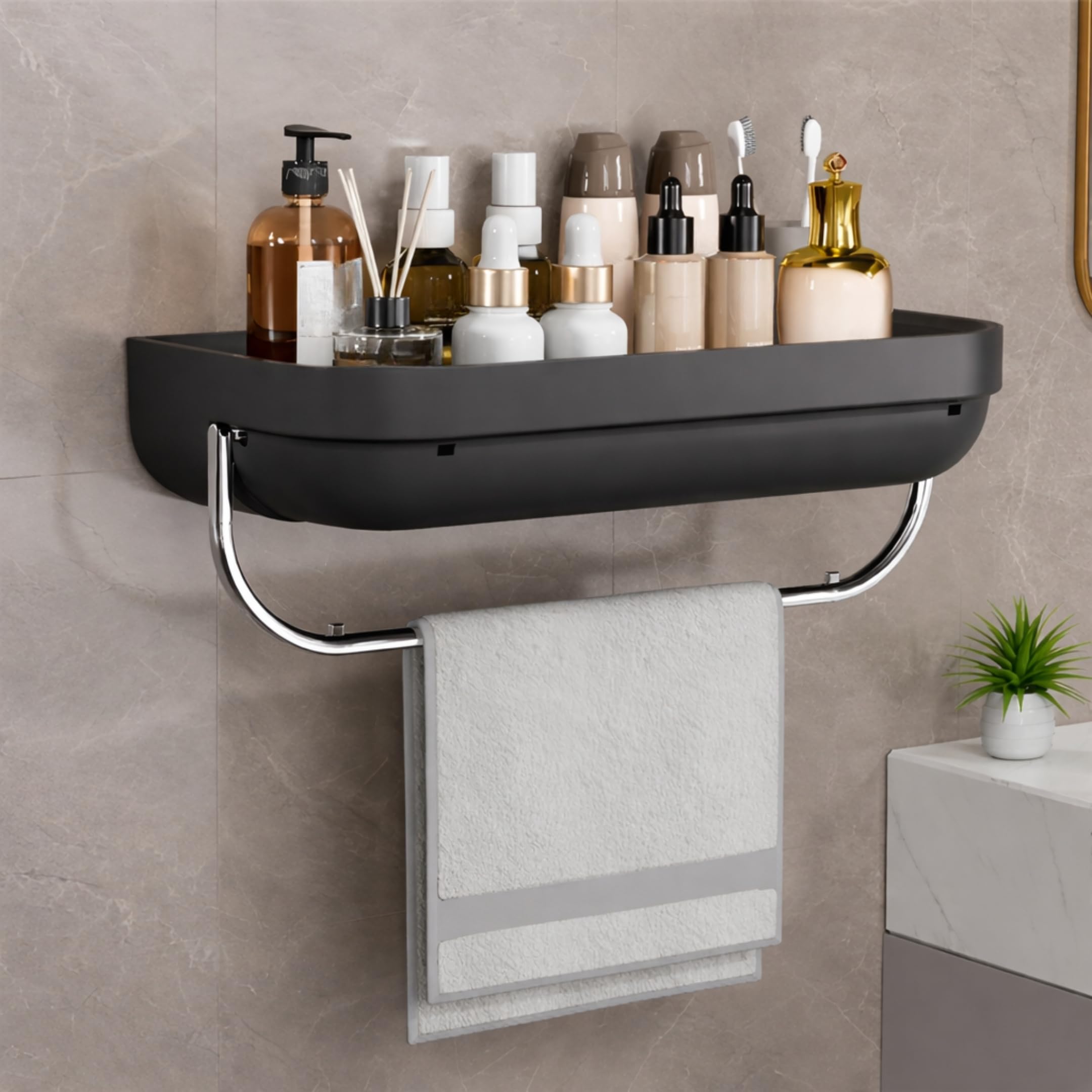 KREPS Bathroom Shelf Organizer,Self Adhesive No Drill Shower Shelf Easy Installation, Wall Mounted Shelf, with Towel Napkin Holder with Hook,Used for Bathroom and Kitchen (Black, Flat)