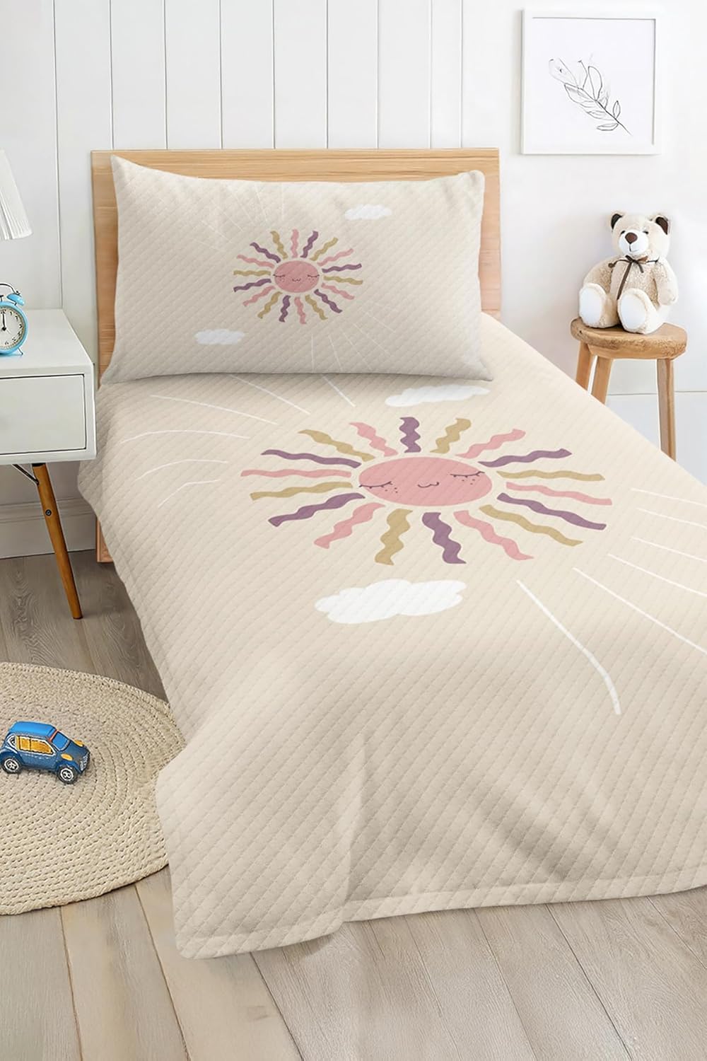 SODEF Single Size Quilt Set Pastel Rose Yellow Lilac Sun and Cloud Design Girls Cotton Polyester Blend Lightweight Breathable Bedding - Multicolor, One Size