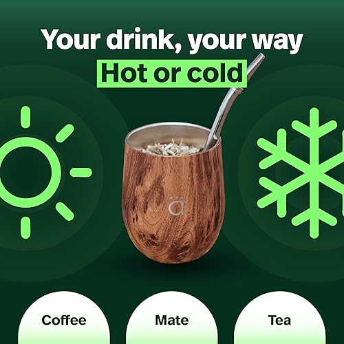 Vista 24 de Kalmateh Yerba Mate Gourd 8 oz, Double Wall Stainless Steel Mate Cup with BPA-Free Lid, Bombilla Filter Straw & Cleaning Brush, Perfect for Hot &