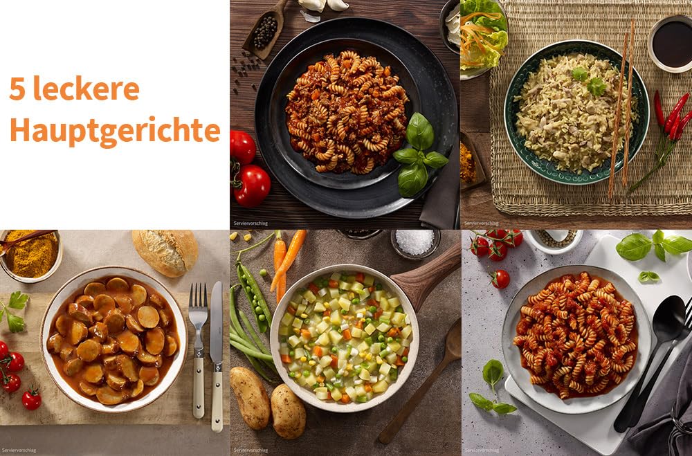 ration1 Notration Fertigessen Set, Notfallnahrung 10 Jahre haltbar | Nudeln, Currywurst, Kartoffeln, Hähnchen Curry, Brot mit Gouda und Erdbeer Aufstrich für Outdoor, Camping, Trekking, Survival
