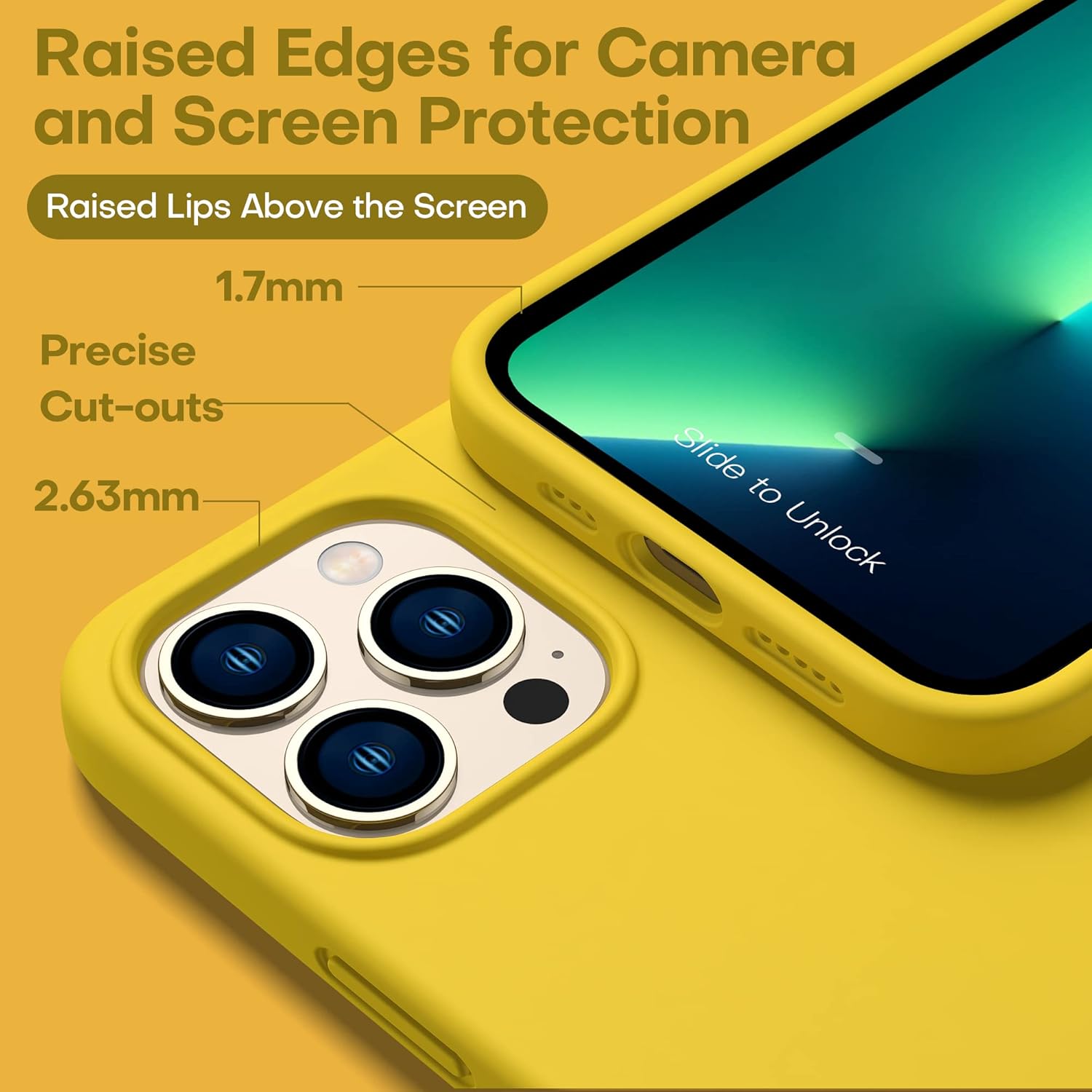 CellEver Heavy-Duty Silicone Case for iPhone 13 Pro - Two Shatterproof Glass Screen Protectors, Military Drop Protection, Scratch-Free Interior, Yellow