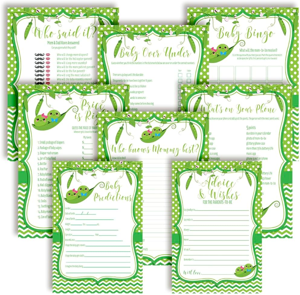 Baby Shower Games 8 Game Set Two Peas in a Pod Twin Boy and Girl 80 Double-Sided Cards for 20 Guests. Baby Shower Bingo, Baby Predictions & Activities for Guests. Baby Shower Theme for Boy and Girl