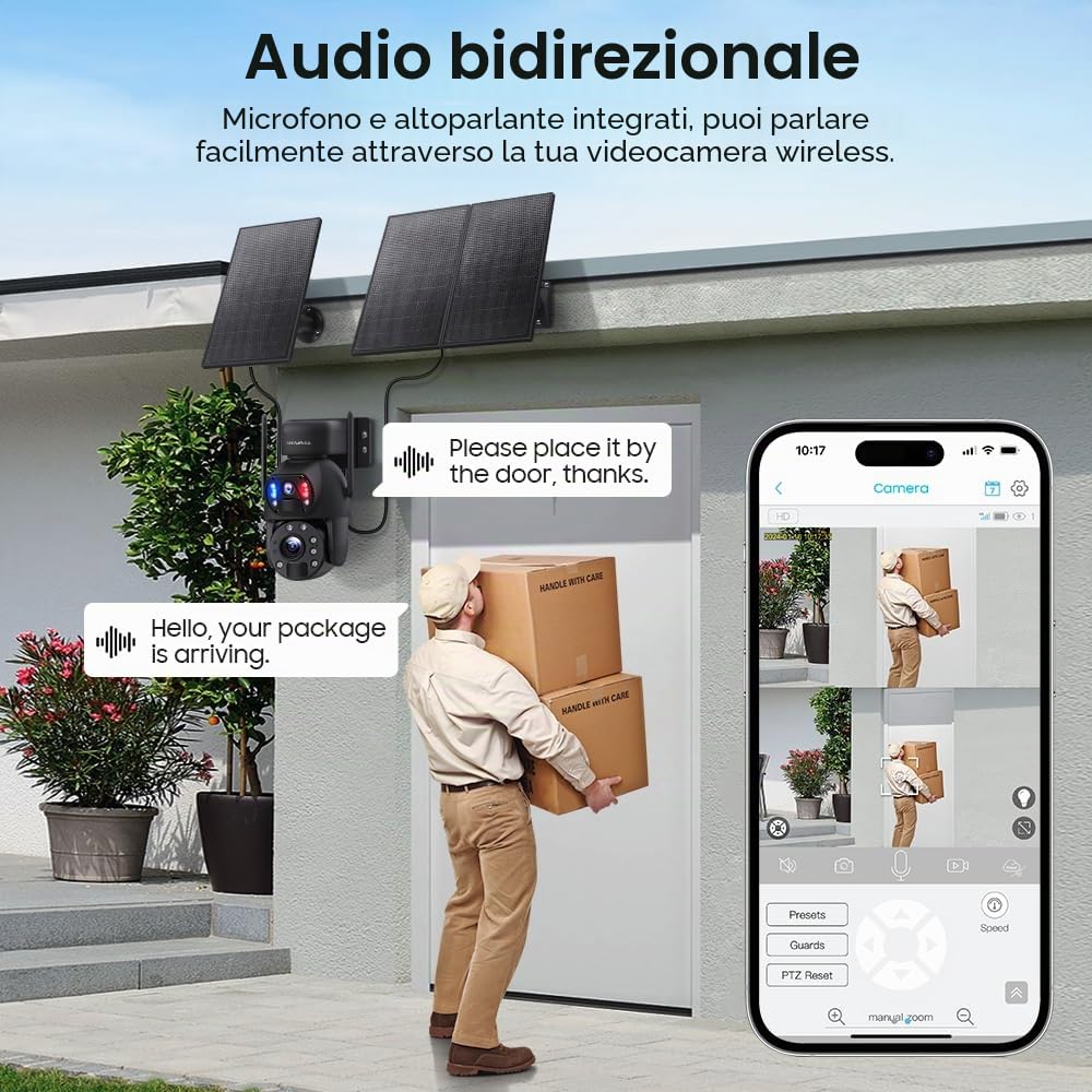 SHIWOJIA Telecamera di sorveglianza WiFi esterna senza fili con 30 W pannello solare 20,000 mAh batteria 6 MP fotocamera esterna senza fili [registrazione 24/7], doppia lente doppia PIR, IP66