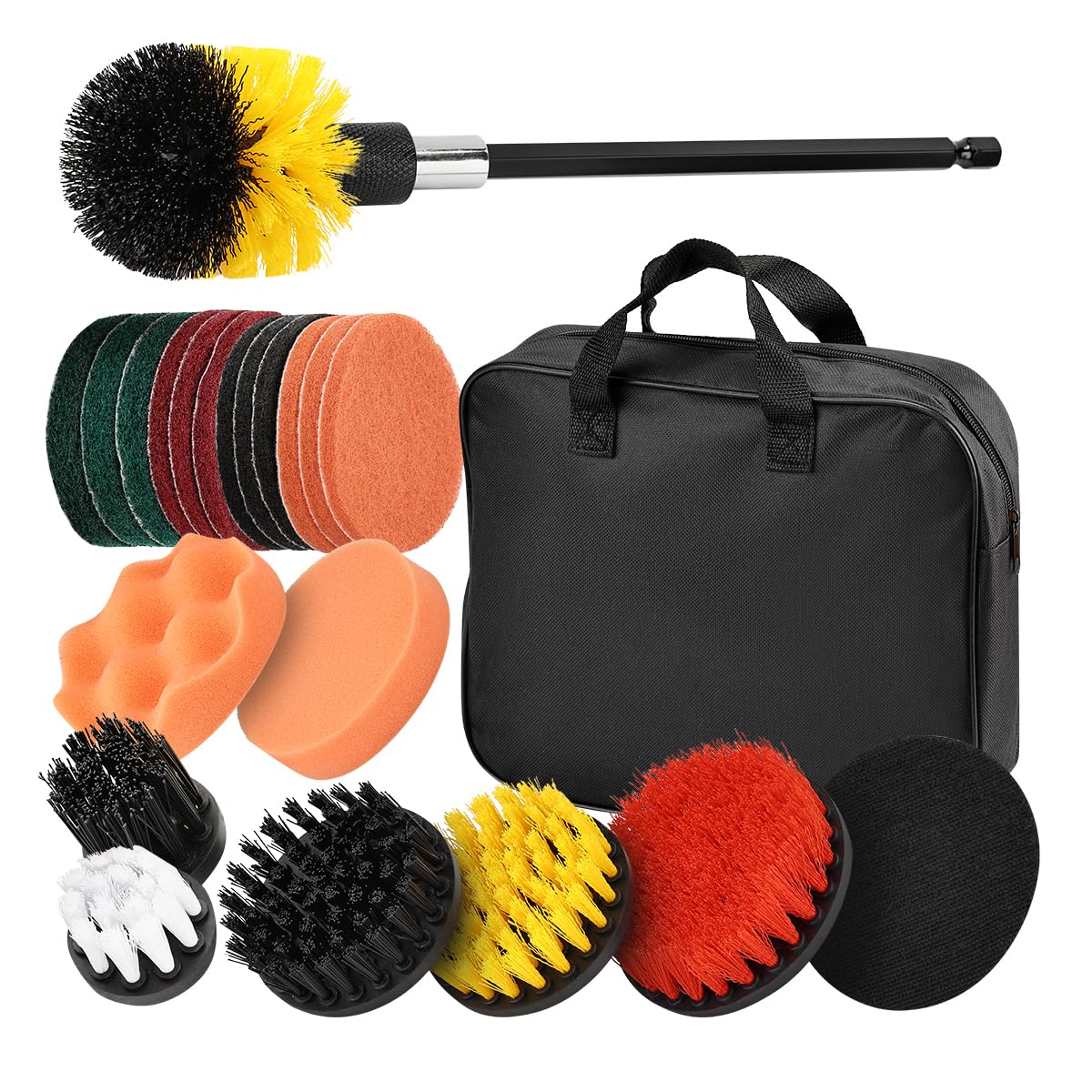 Lawazim Drill Brush Attachments Set - 22 Piece - Multipurpose Power Scrubber Set with Case and Extension Rod - Ideal for Car Detailing, Tiles, Grout, Wheels, and Hard-to-Reach Areas