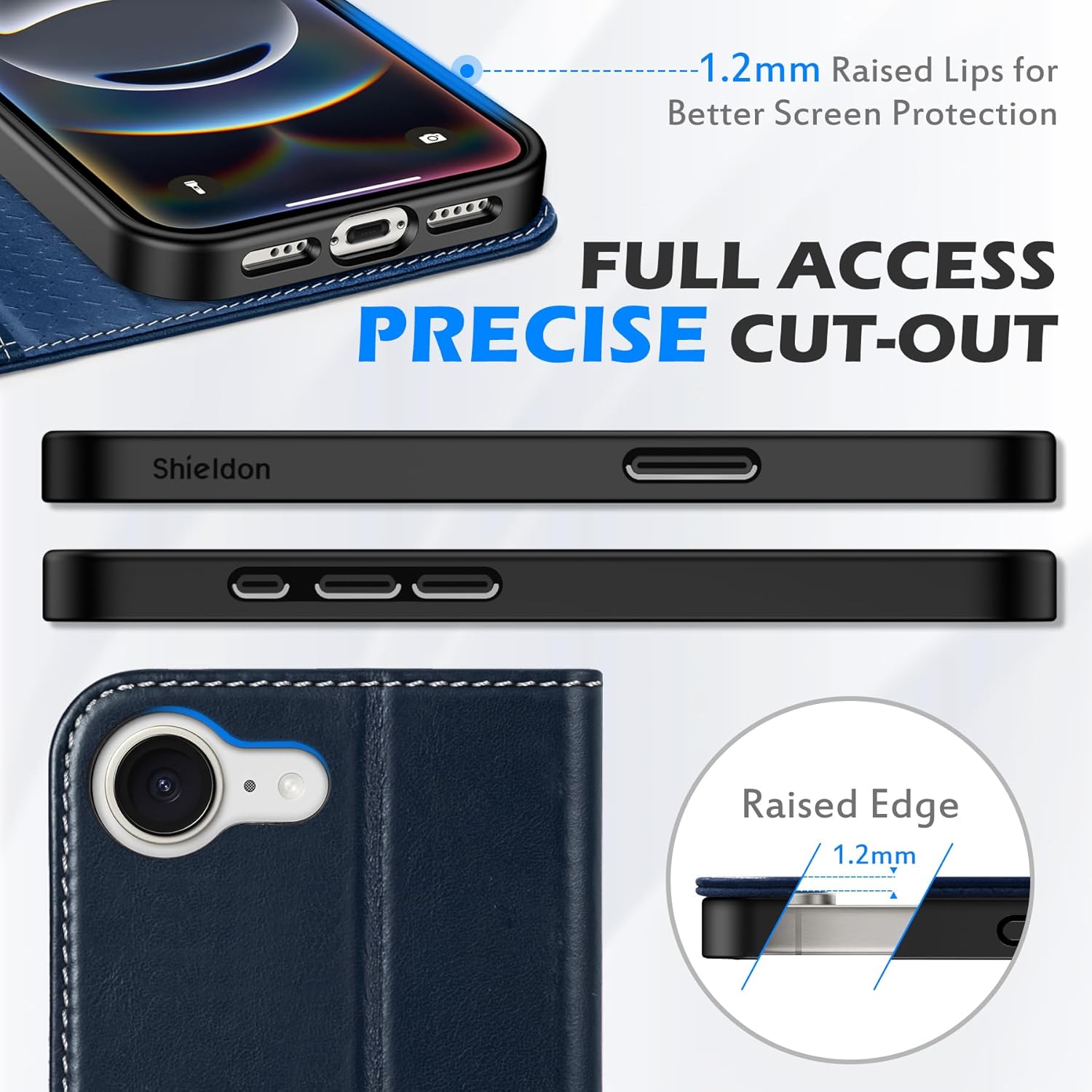 SHIELDON Wallet Case for iPhone 16e 2025, Genuine Leather Foldable Magnetic Cover Kickstand RFID Blocking Credit Card Holder Shockproof Phone Case Compatible with iPhone 16e 6.1" - Retro Dark Blue - Image 8