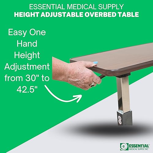 Miniatura 7 de Essential Medical Supply Mesa automática de altura ajustable para colocar sobre la cama, parte superior de madera con ruedas de bloqueo, perfecta