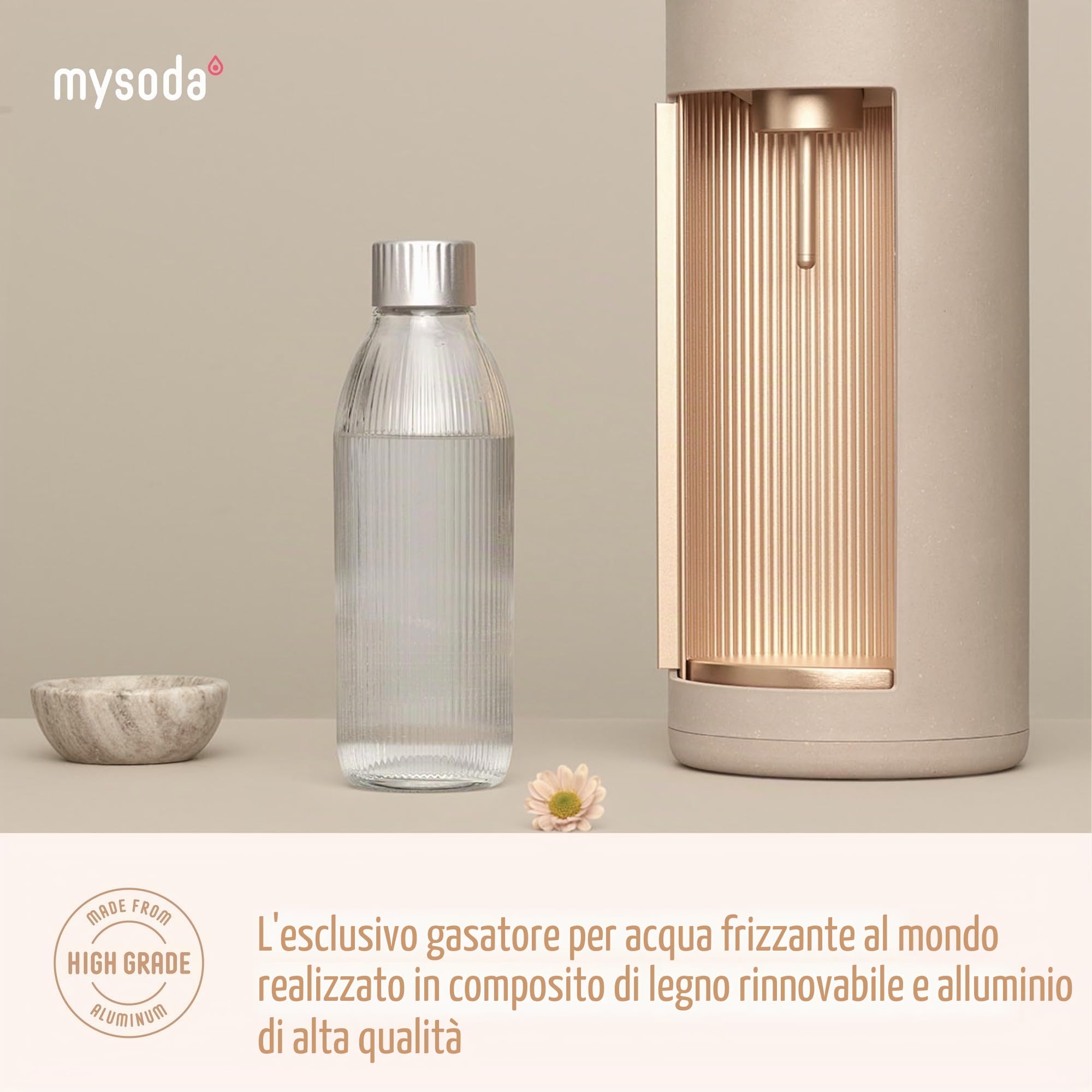 Mysoda Glassy - Gasatore d’acqua per l’acqua frizzante con bottiglia in vetro (senza bombola di CO2) - Beige (latte)