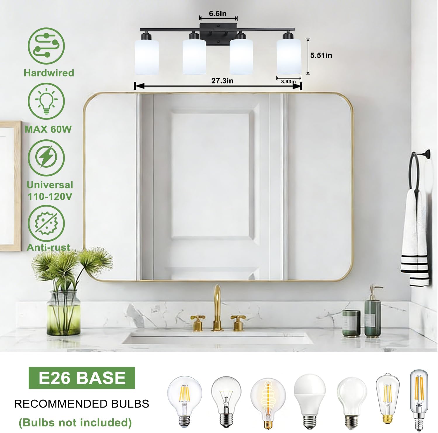 4-Light Bathroom Vanity Lights, Modern Vanity Lighting with Milky White Shades, Anti-Rust Black Bathroom Light Fixtures Over Mirror, Bathroom Wall Lamp for Mirror Bathroom Living Room Cabinet