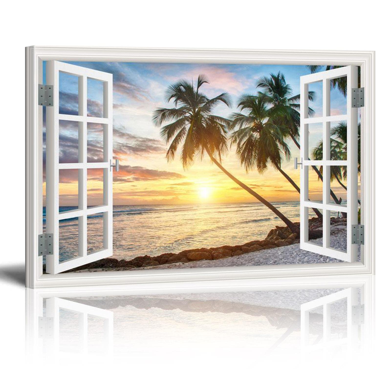 HOLEILUCK Wall Murals for Living Room Landscape Beach Sunset View 3D Window Effect Contemporary Art 83x50cm/33x20in With Frame — image 1
