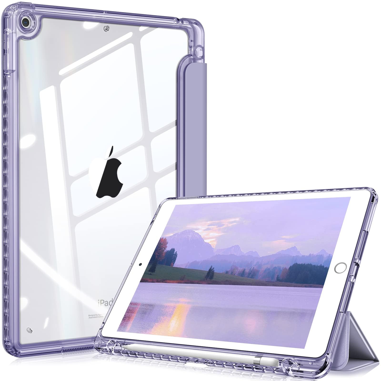 TXWLLIU Hülle für iPad 10,2 Zoll 9./8./7. Generation (2021/2020/2019) mit Stifthalter, TPU Stoßfeste Hülle mit Transparenter Rückseite, Automatisches Schlafen/Aufwachen, Lila