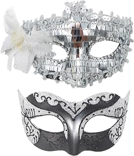 Couple Masquerade Mask Set, Mysterious Dance Venice Masks with Glitter Side Flower Ball for Party Props