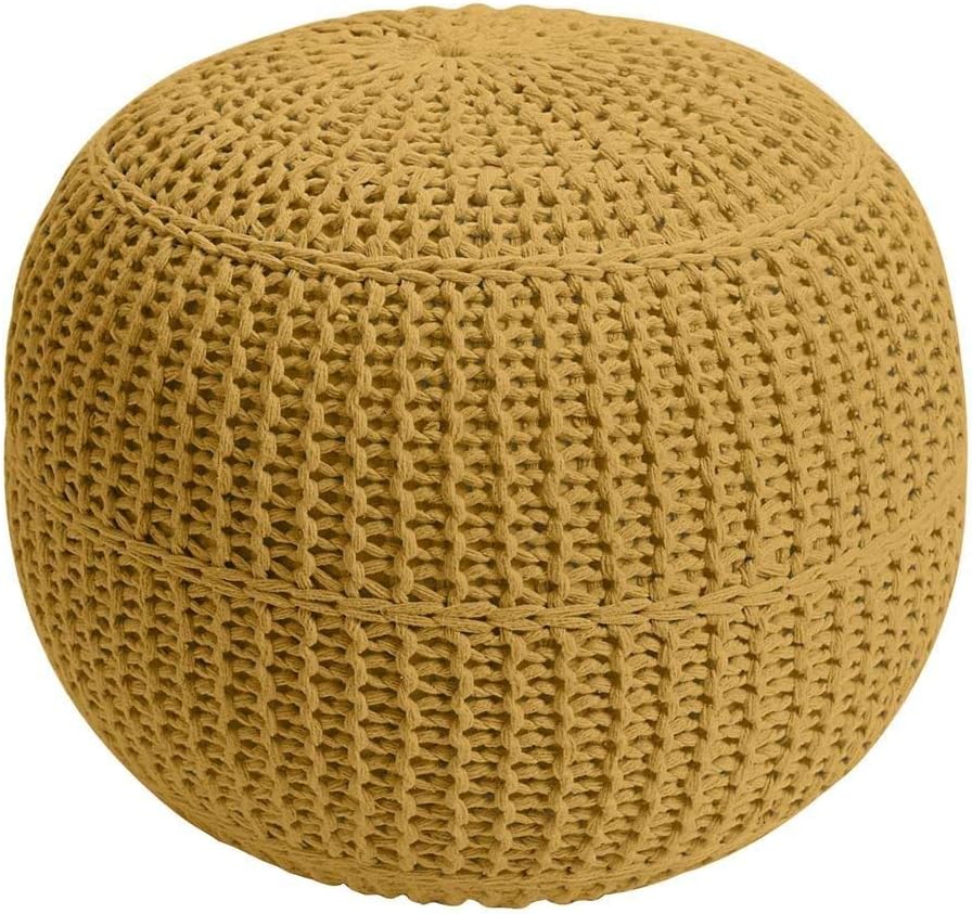 AZK Hand Knitted Cable Style Dori Pouf - Floor Ottoman - 100% Cotton Braid Cord - Handmade & Hand Stitched - Truly one of a Kind Seating - 18 x 18 x 13 Knitted Round Pouf (Yellow)