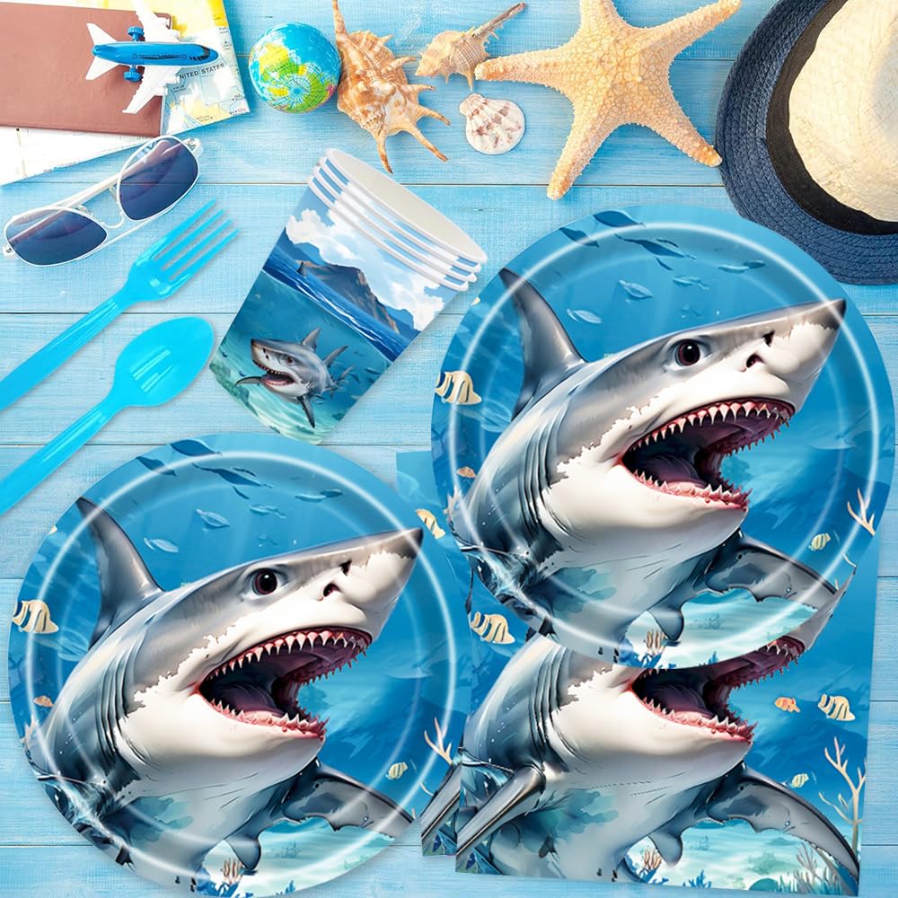 Squalo Stoviglie per Feste di Compleanno Decorazioni Animali Marini Stoviglie Set Compleanno Squali Stoviglie Forniture per Feste Bicchieri Piatti Carta Tovaglioli 24 Ospiti