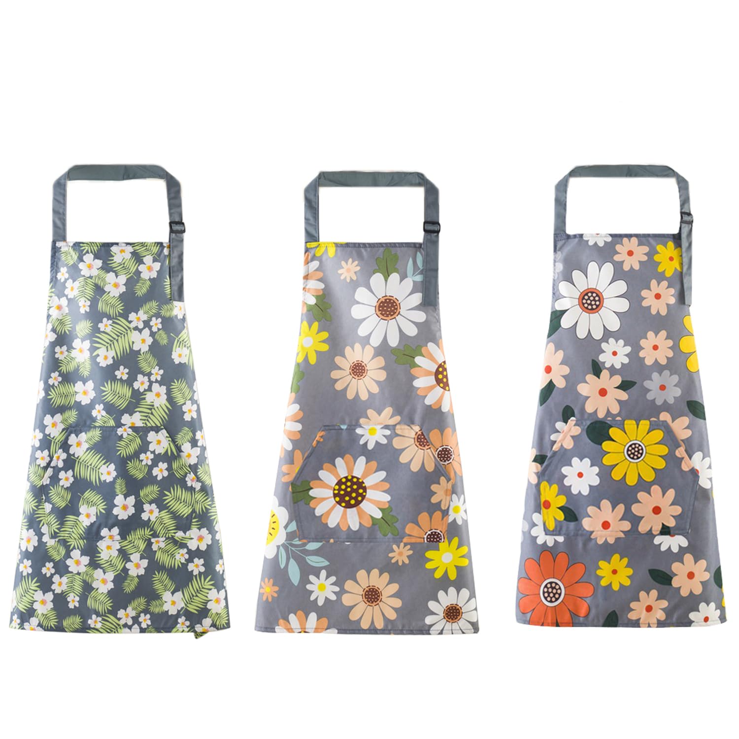 3 Delantales florales con bolsillos, delantales de cocina para mujeres, impermeables, ajustables, resistentes a las arrugas y fáciles de limpiar, delantales de cocina para cocinar, hacer barbacoas