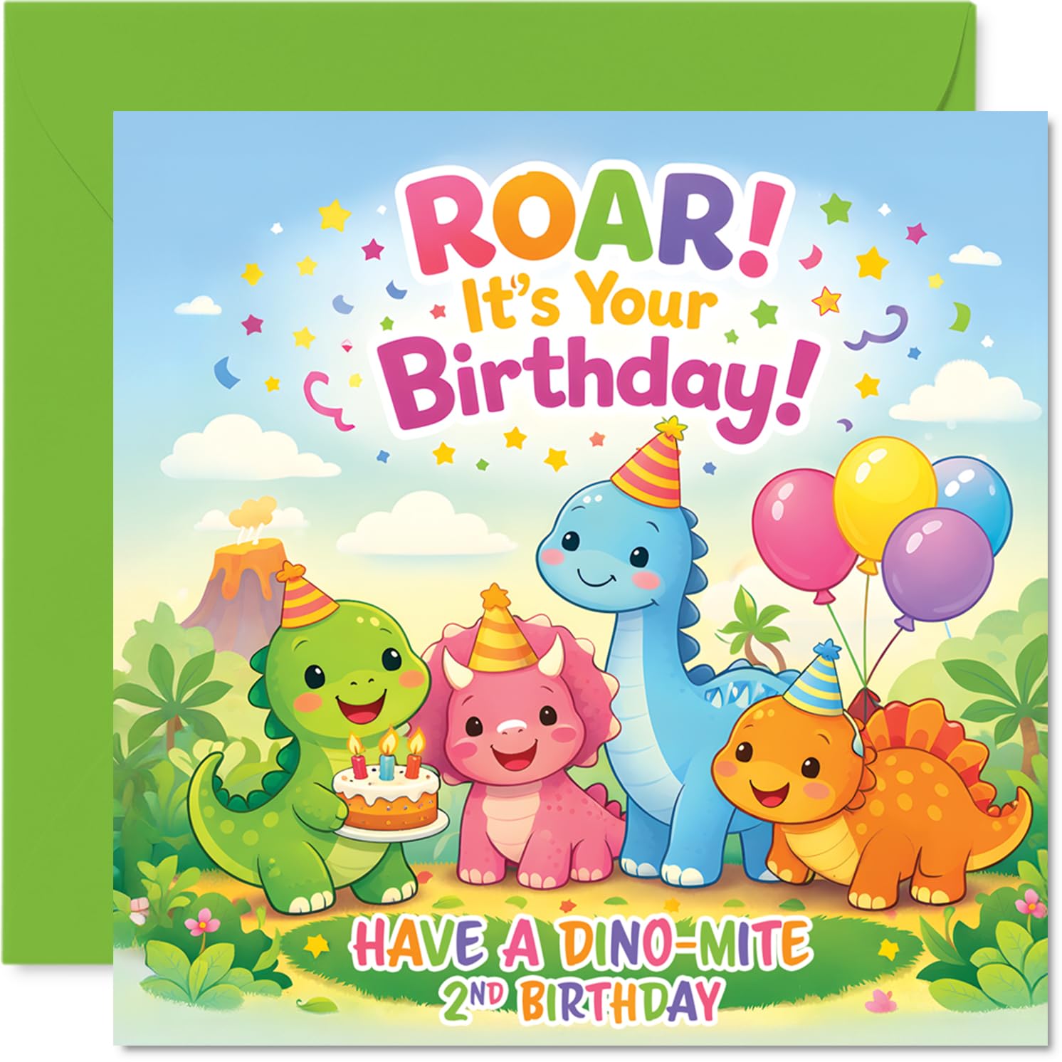 Playful 2nd Birthday Card - Big Dino Cheers - Colourful Dinosaurs, Balloons and Cake in a Birthday Bash - Bursting with Joyful Energy - 145mm Square, Envelope Included