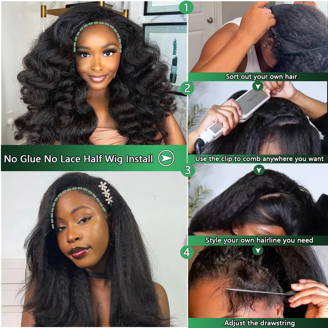 Kinky Straight Half Wig Human Hair 200% Density Wear Go Glueless Wigs Human Hair 20 Inch Invisible Hairline 3 In 1 Half Wigs for Women Drawstring Seamless Flip Headband Wig Beginner Friendly