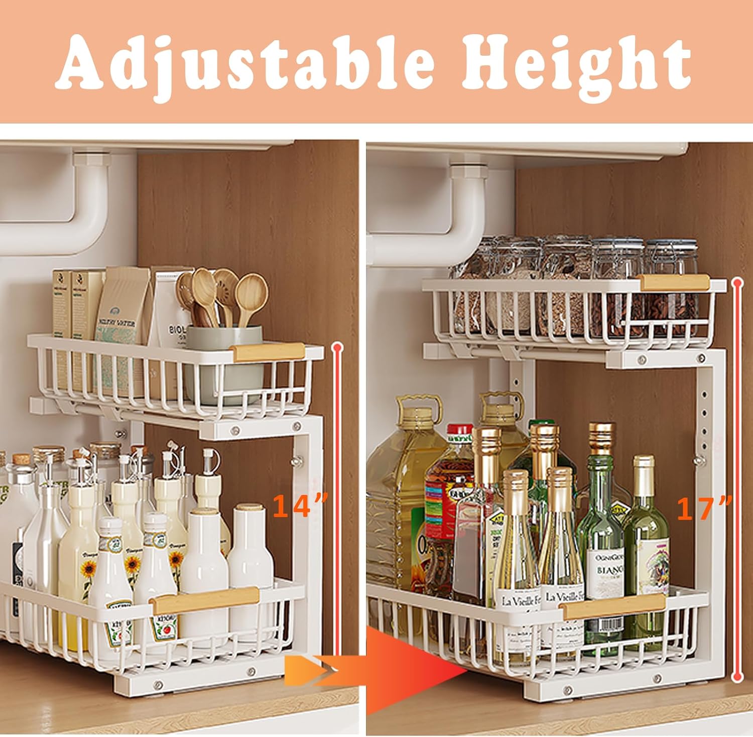 2 Pack Metal Under Sink Organizer for Kitchen Bathroom, 2 Tier Under Sink Pull Out Organizers and Storage, Adjustable Height Under Sink Drawers Cabinet, White,14"-17" Height