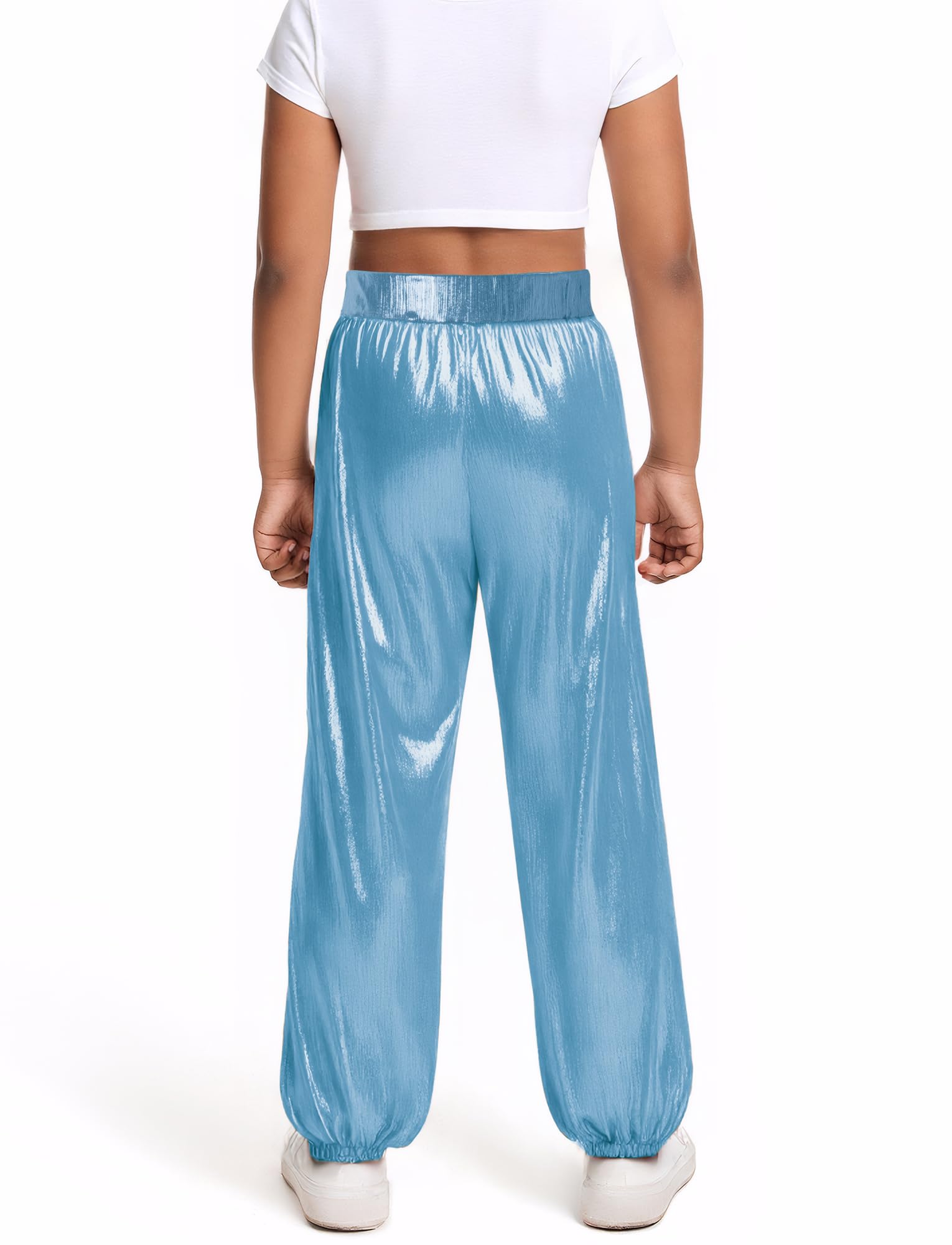 SEAUR Pantalones brillantes para niños y niñas, pantalones de baile hip hop, pantalones de chándal metálicos, festival, fiesta, danza, ropa de calle 110-160 = (EU 104-158)