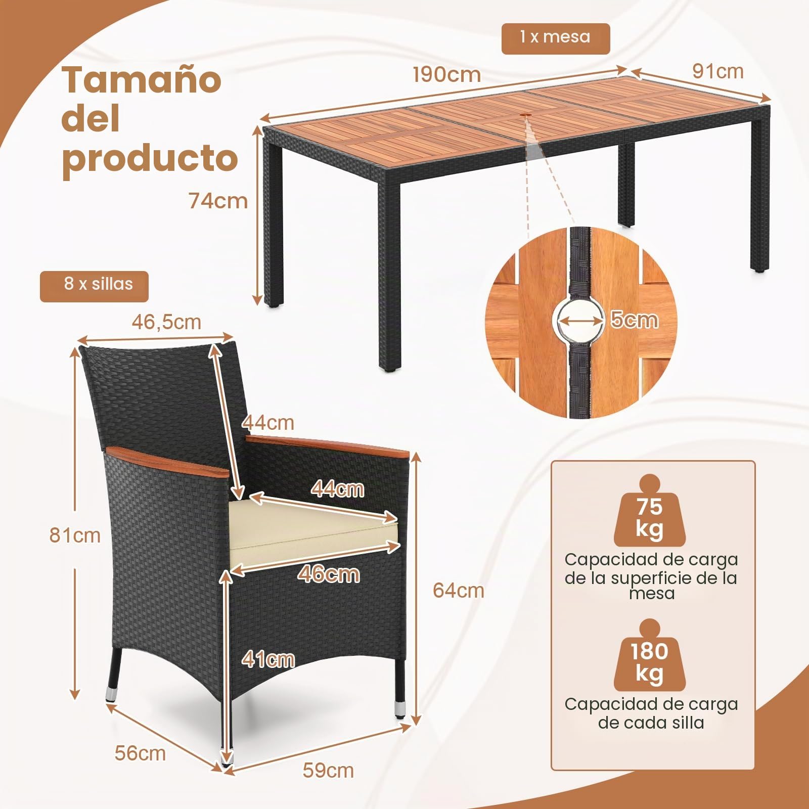 GIANTEX Conjunto de Muebles de Ratán para Jardín, Muebles de Comedor de Ratán, Juego de Muebles, Sillas y Mesa de Acacia para Jardín, Terraza, Patio (Cojín Beige, Mesa+8 Sillas)