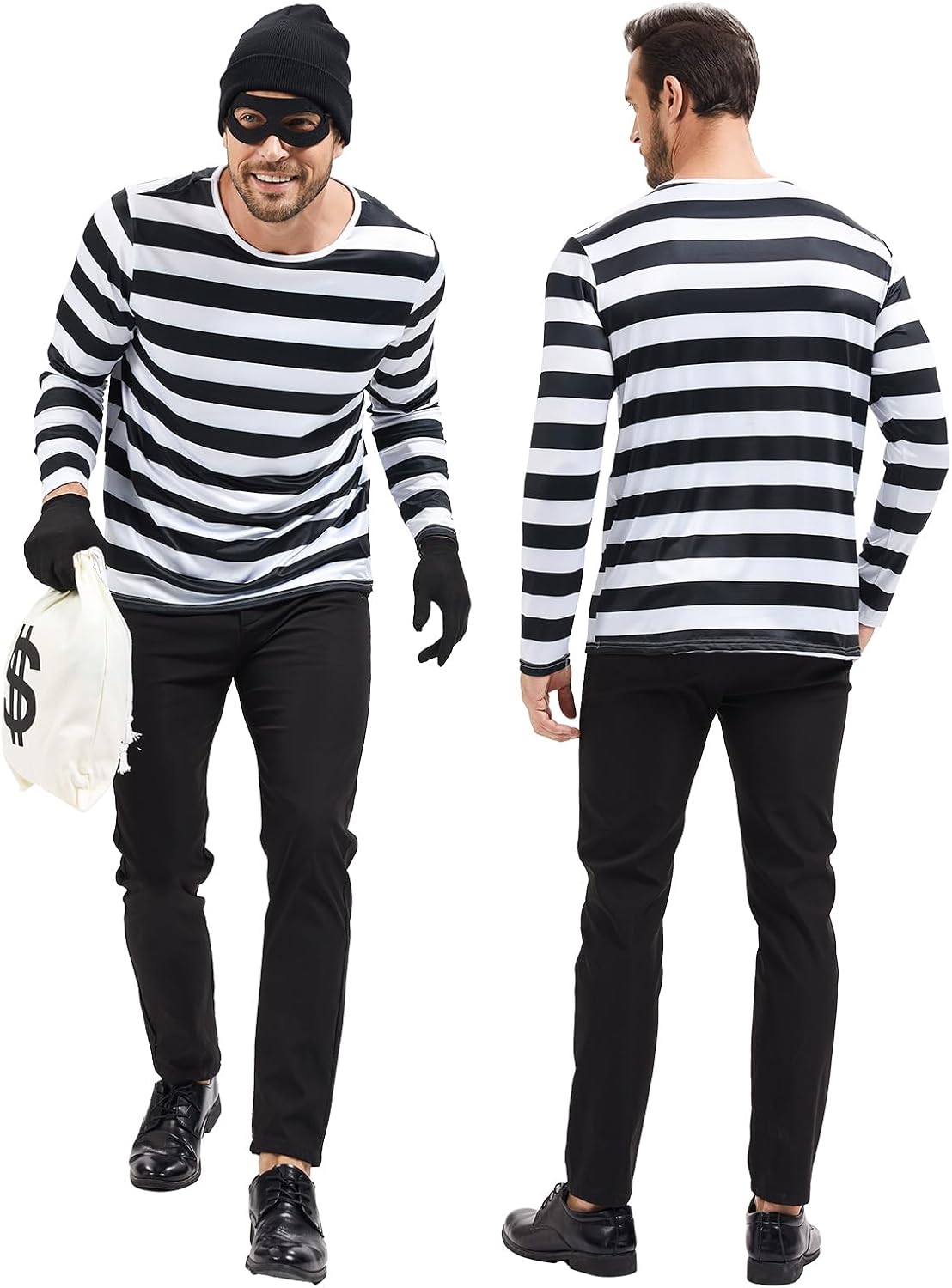 Men Robber Costume, Thief Cosplay T Shirt, Burglar Accessories Halloween Costume Set for Adult
