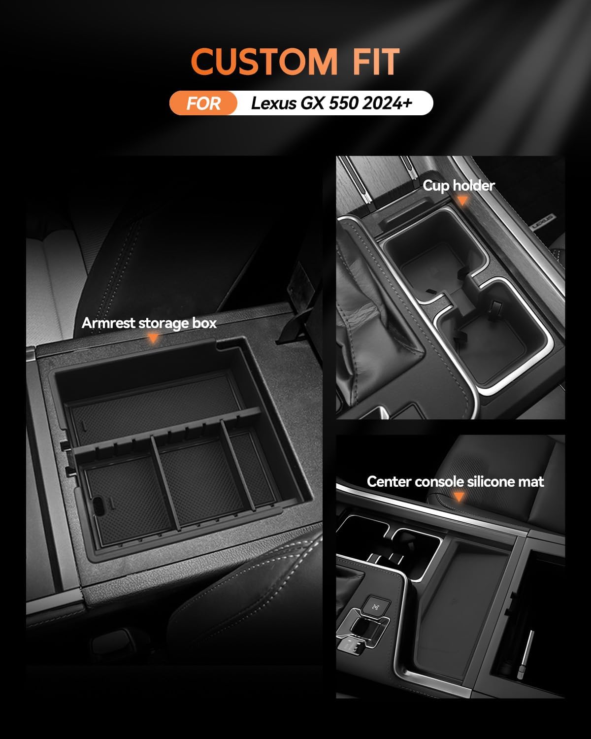 CDEFG 3Pcs for Lexus GX 550 2024 2025 2026 Accessories Center Console Organizer Tray GX550 Armrest Storage Cup Holder Wireless Charing Pad- NOT Fit for Cool Box image 2