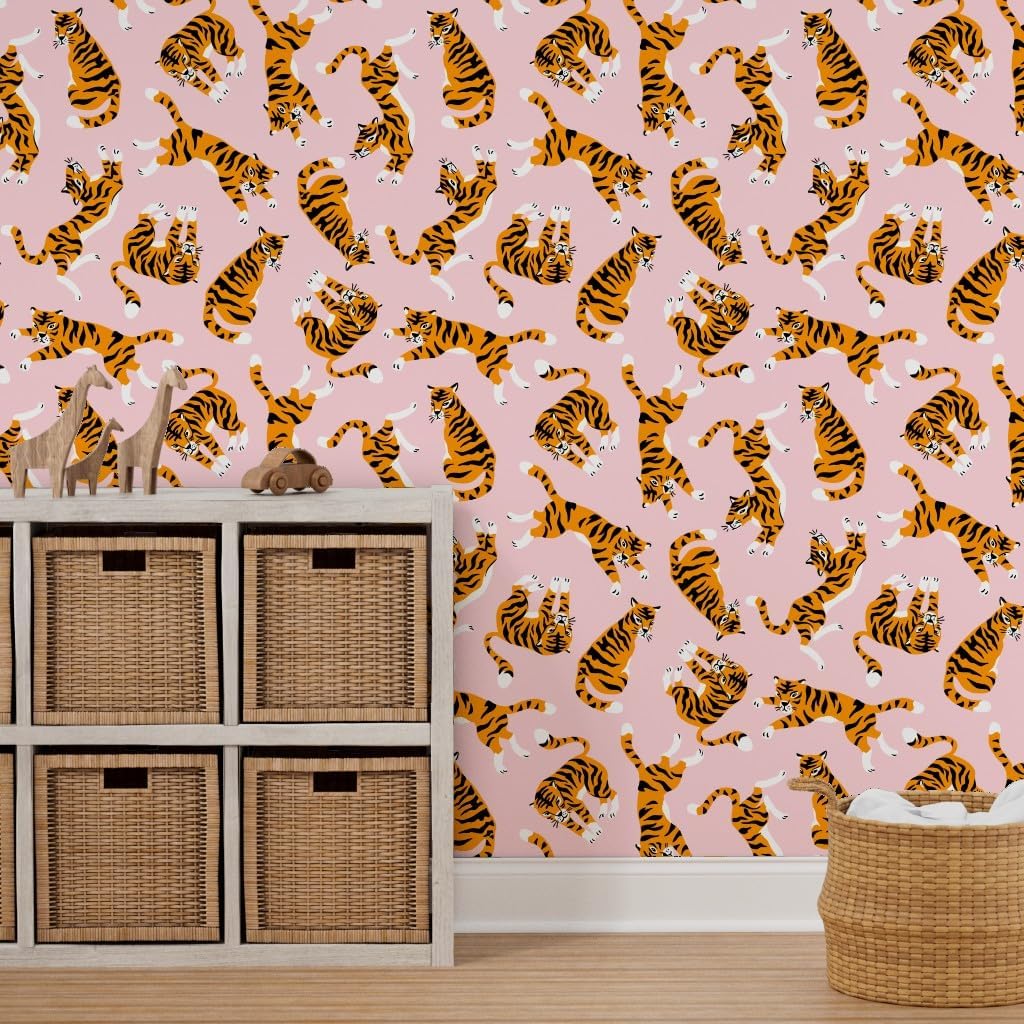Peel & Stick Wallpaper 3ft x 2ft - Pink Zoo Tiger Cat Tropical Hand Drawn Large Wild Safari Animal Tropic Jungle Exotic Girly Custom Removable Wallpaper by Spoonflower