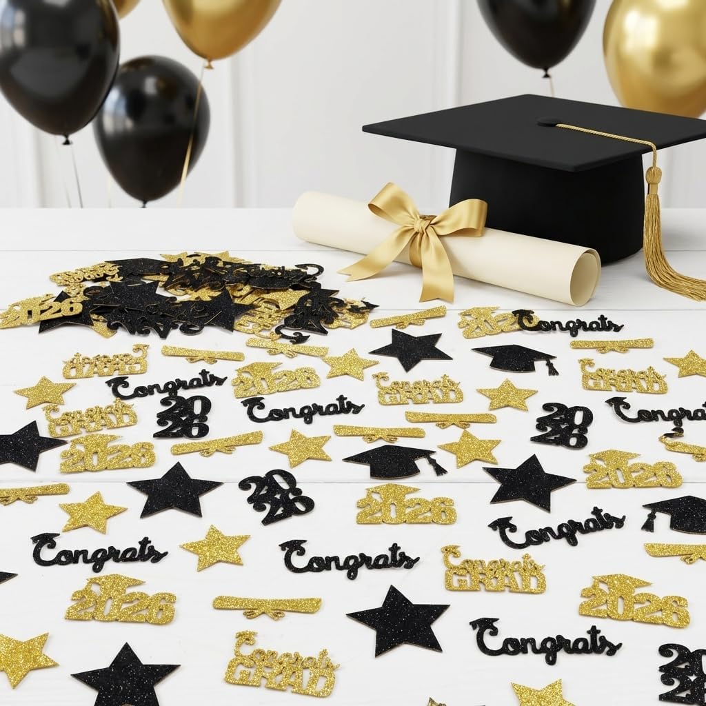 Congrats Grad Confetti 2026, 200 Pcs Black and Gold Glitter Class of 2026 Party Table Scatters Graduation Decorations for Graduation Party Supplies