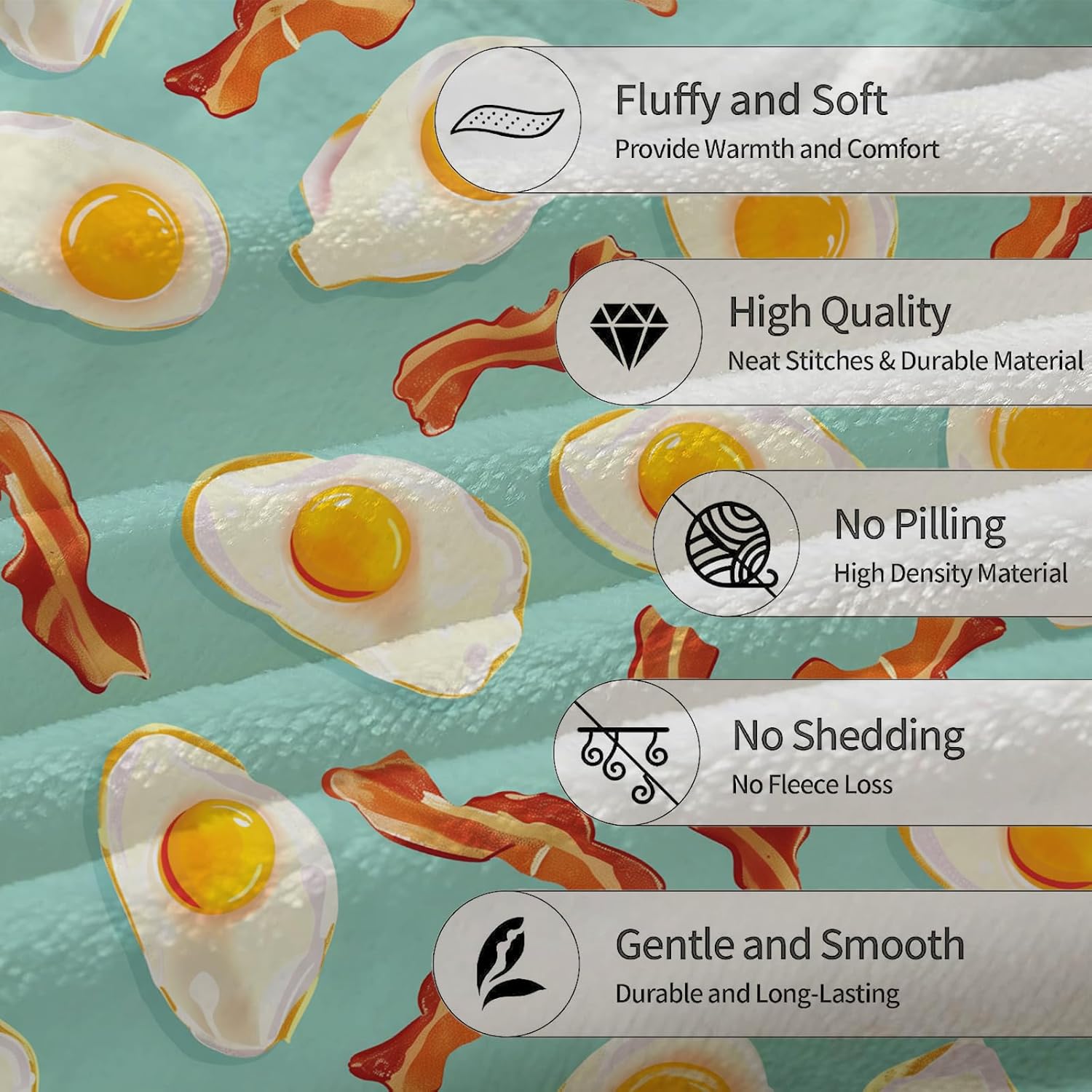Fried Egg & Bacon Breakfast Blanket, Soft Lightweight Flannel Throw Blanket for Couch, Bed, Travel, Living Room & Home Decor, Cozy Warm Fuzzy Blankets for Adults Kids Women Girls 60×50 in