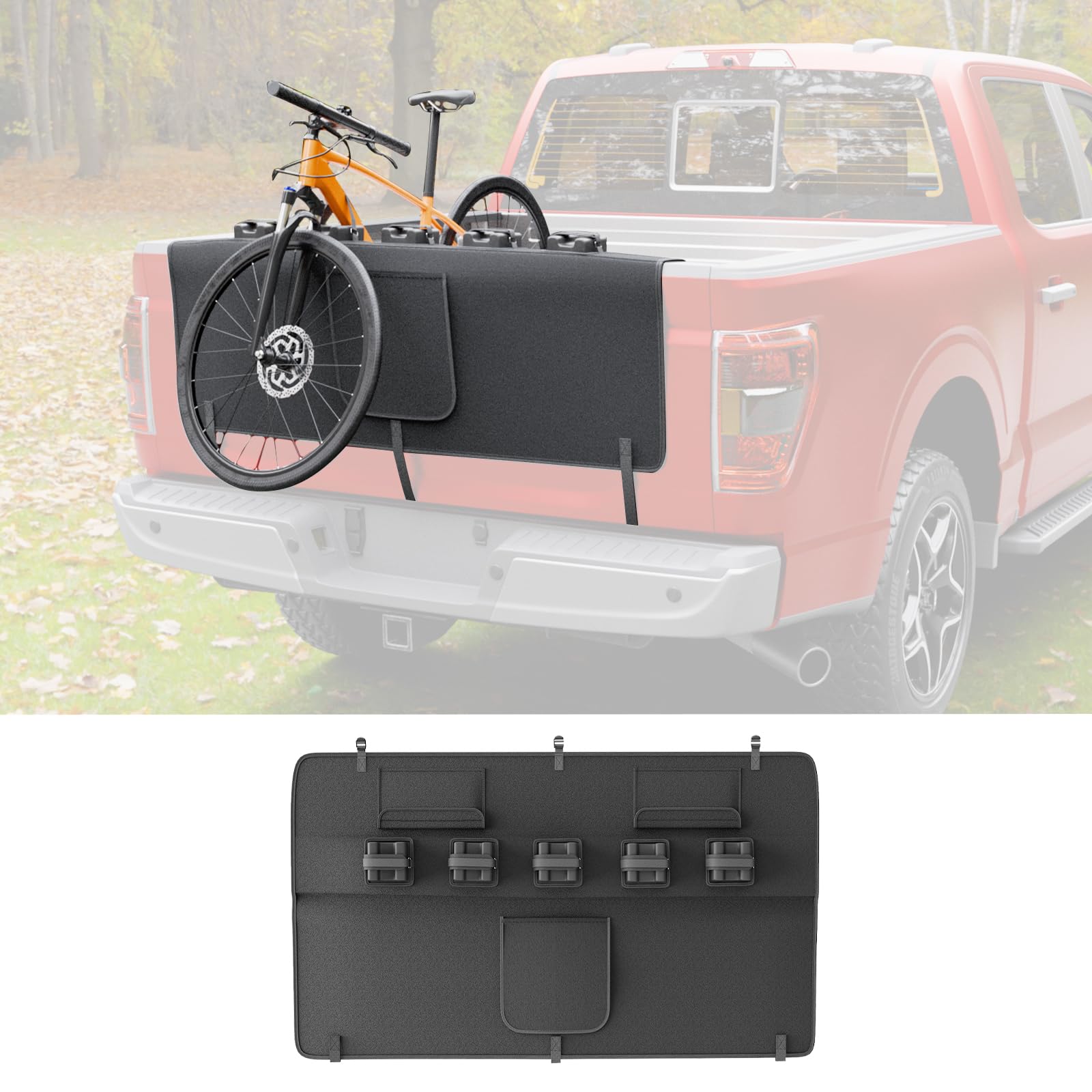 Maxzina 55'' Tailgate Pad for Mountain Bike Truck Tailgate Cover Widen Hold Up to Five Bicycles with 2 Tool Pockets Non-Slip Waterproof Protection