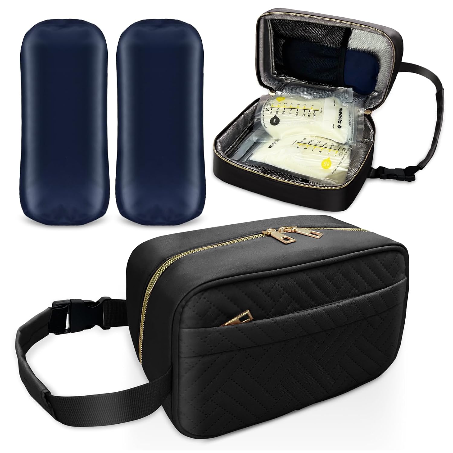 Waterproof Breastmilk Cooler Bag with 2 large Ice Packs - Insulated Travel Breastmilk Storage Cooler Bag with Buckle Hanging Handle for Daycare and Baby Travel (Black)